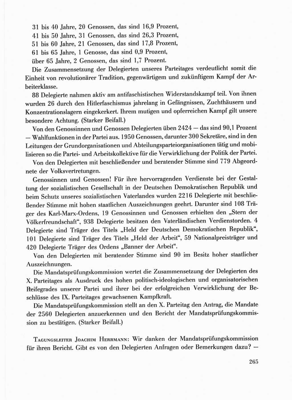 Protokoll der Verhandlungen des Ⅹ. Parteitages der Sozialistischen Einheitspartei Deutschlands (SED) [Deutsche Demokratische Republik (DDR)] 1981, Band 1, Seite 265 (Prot. Verh. Ⅹ. PT SED DDR 1981, Bd. 1, S. 265)