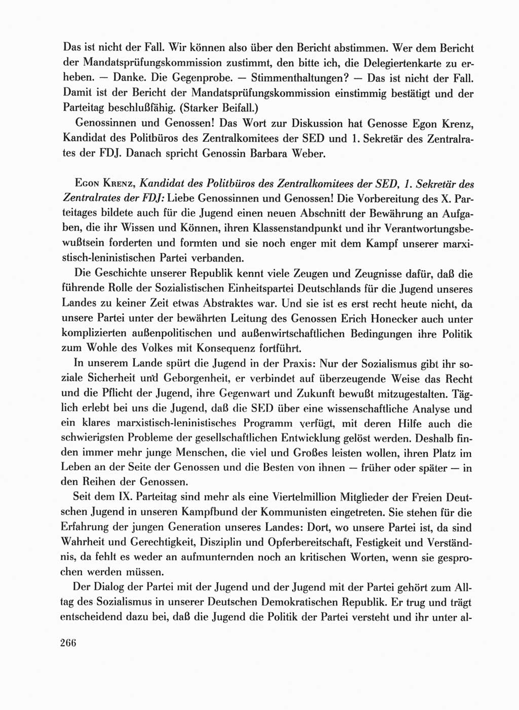 Protokoll der Verhandlungen des Ⅹ. Parteitages der Sozialistischen Einheitspartei Deutschlands (SED) [Deutsche Demokratische Republik (DDR)] 1981, Band 1, Seite 266 (Prot. Verh. Ⅹ. PT SED DDR 1981, Bd. 1, S. 266)