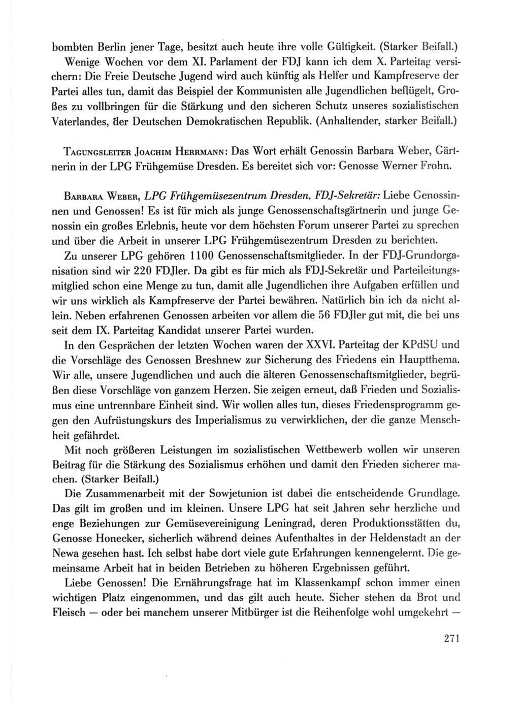 Protokoll der Verhandlungen des Ⅹ. Parteitages der Sozialistischen Einheitspartei Deutschlands (SED) [Deutsche Demokratische Republik (DDR)] 1981, Band 1, Seite 271 (Prot. Verh. Ⅹ. PT SED DDR 1981, Bd. 1, S. 271)