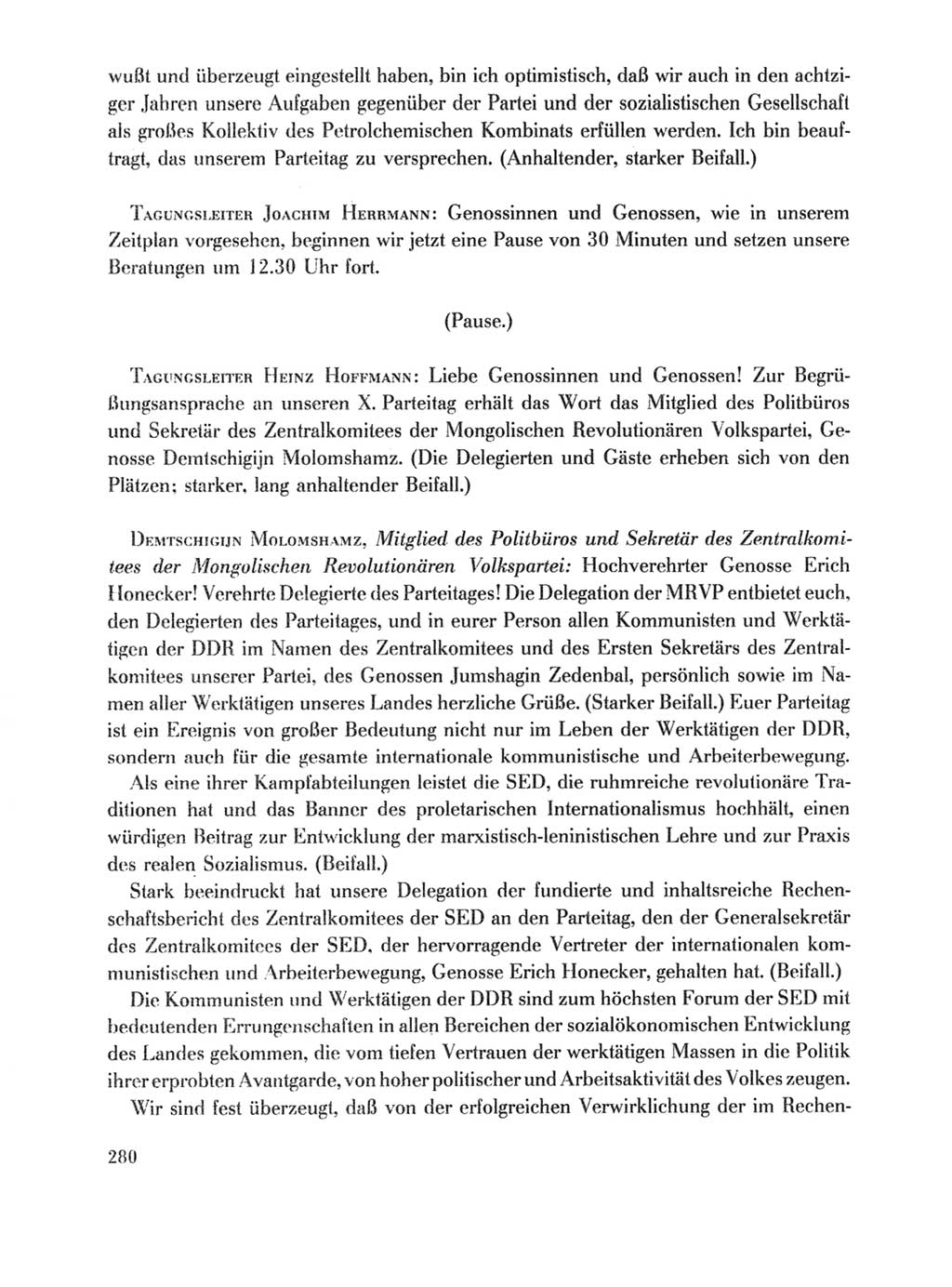Protokoll der Verhandlungen des Ⅹ. Parteitages der Sozialistischen Einheitspartei Deutschlands (SED) [Deutsche Demokratische Republik (DDR)] 1981, Band 1, Seite 280 (Prot. Verh. Ⅹ. PT SED DDR 1981, Bd. 1, S. 280)