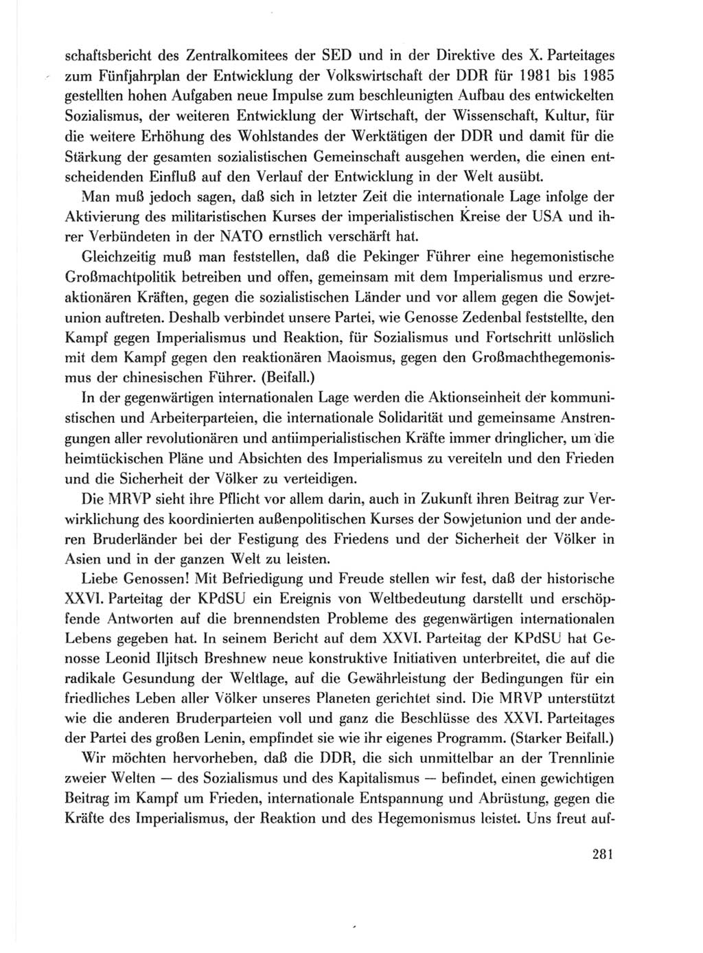 Protokoll der Verhandlungen des Ⅹ. Parteitages der Sozialistischen Einheitspartei Deutschlands (SED) [Deutsche Demokratische Republik (DDR)] 1981, Band 1, Seite 281 (Prot. Verh. Ⅹ. PT SED DDR 1981, Bd. 1, S. 281)