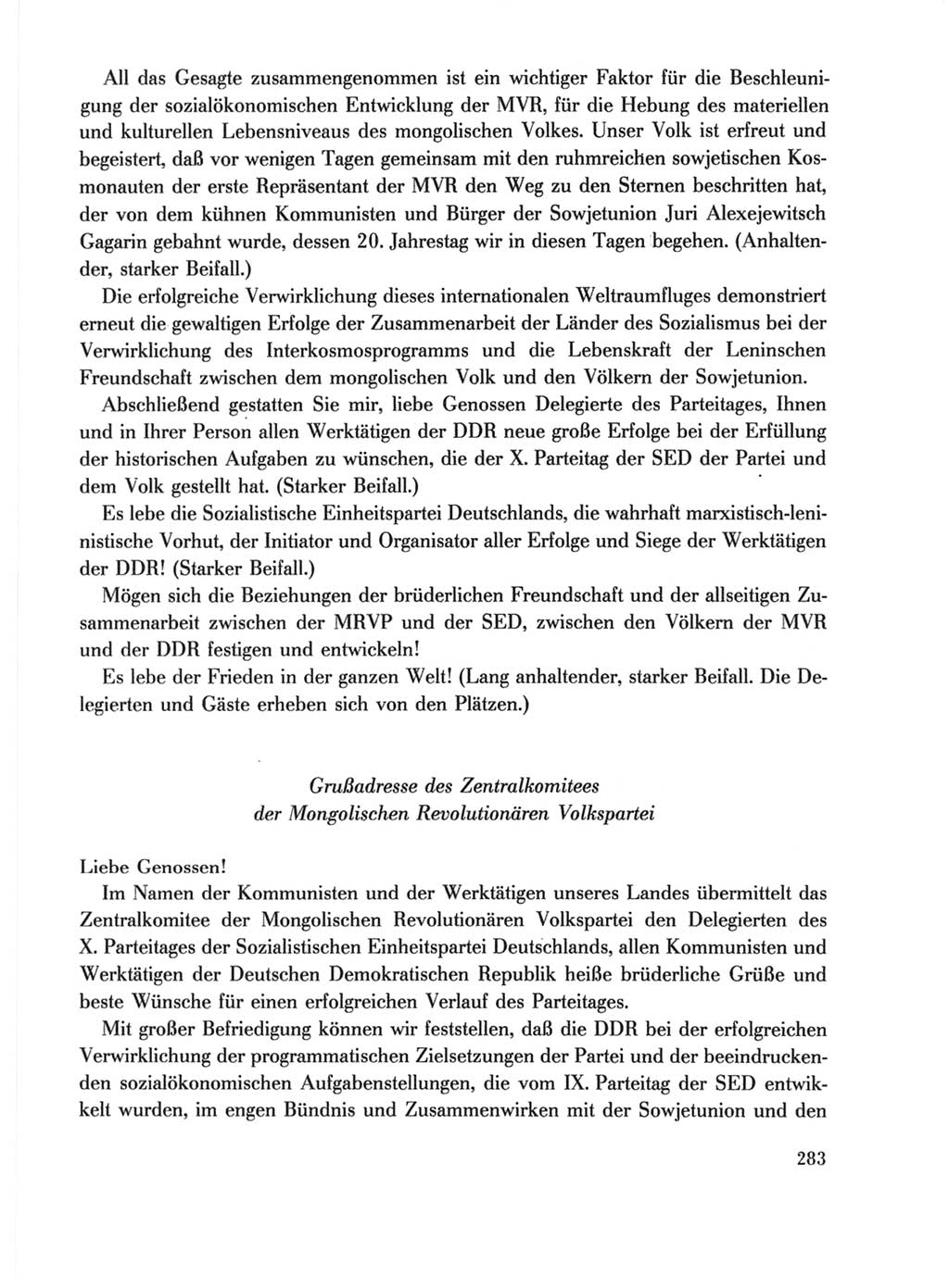 Protokoll der Verhandlungen des Ⅹ. Parteitages der Sozialistischen Einheitspartei Deutschlands (SED) [Deutsche Demokratische Republik (DDR)] 1981, Band 1, Seite 283 (Prot. Verh. Ⅹ. PT SED DDR 1981, Bd. 1, S. 283)