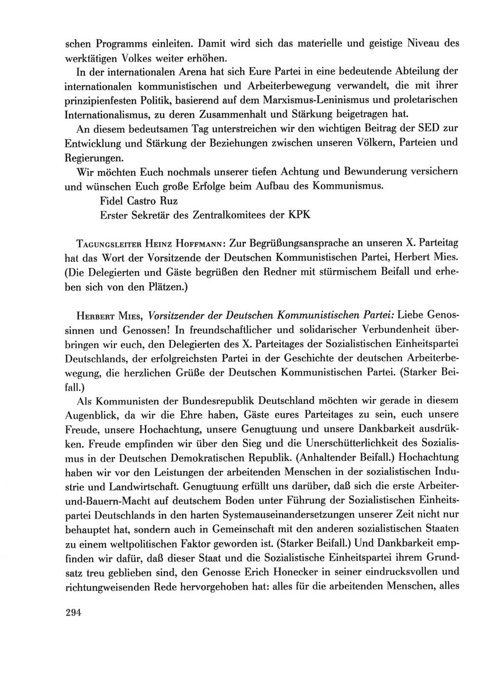 Protokoll der Verhandlungen des Ⅹ. Parteitages der Sozialistischen Einheitspartei Deutschlands (SED) [Deutsche Demokratische Republik (DDR)] 1981, Band 1, Seite 294 (Prot. Verh. Ⅹ. PT SED DDR 1981, Bd. 1, S. 294)