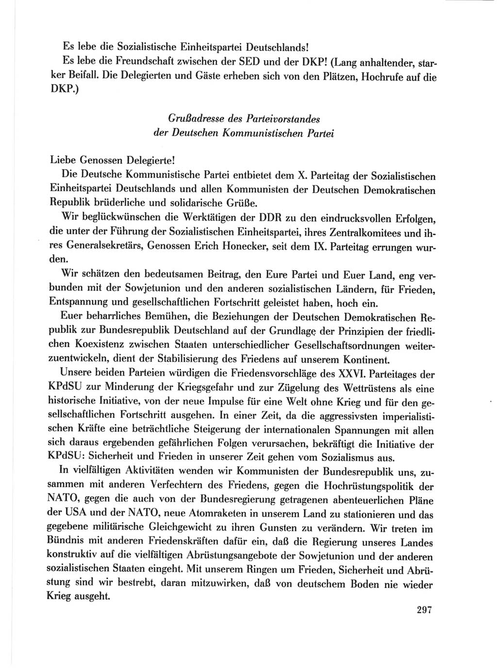 Protokoll der Verhandlungen des Ⅹ. Parteitages der Sozialistischen Einheitspartei Deutschlands (SED) [Deutsche Demokratische Republik (DDR)] 1981, Band 1, Seite 297 (Prot. Verh. Ⅹ. PT SED DDR 1981, Bd. 1, S. 297)