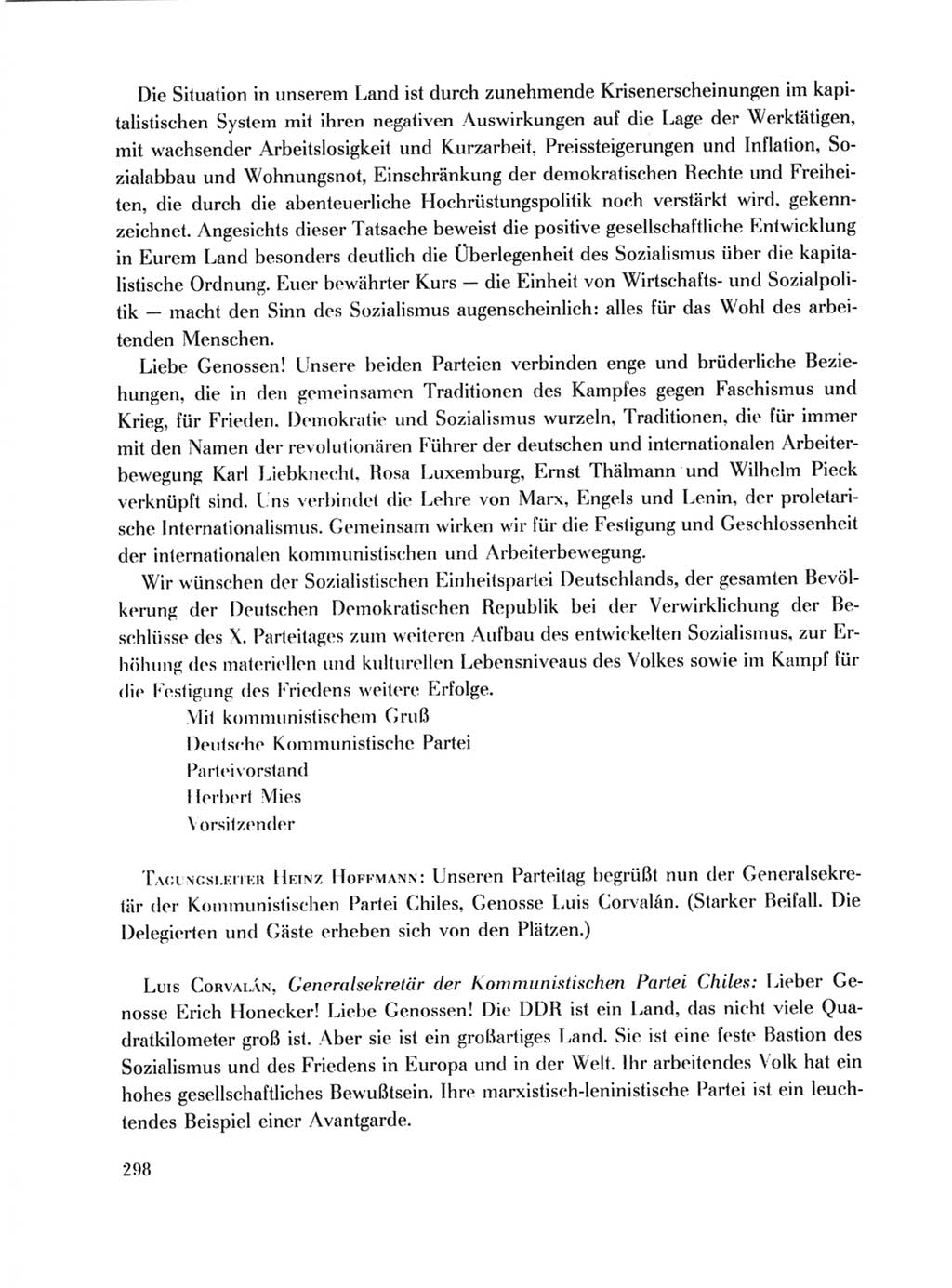 Protokoll der Verhandlungen des Ⅹ. Parteitages der Sozialistischen Einheitspartei Deutschlands (SED) [Deutsche Demokratische Republik (DDR)] 1981, Band 1, Seite 298 (Prot. Verh. Ⅹ. PT SED DDR 1981, Bd. 1, S. 298)