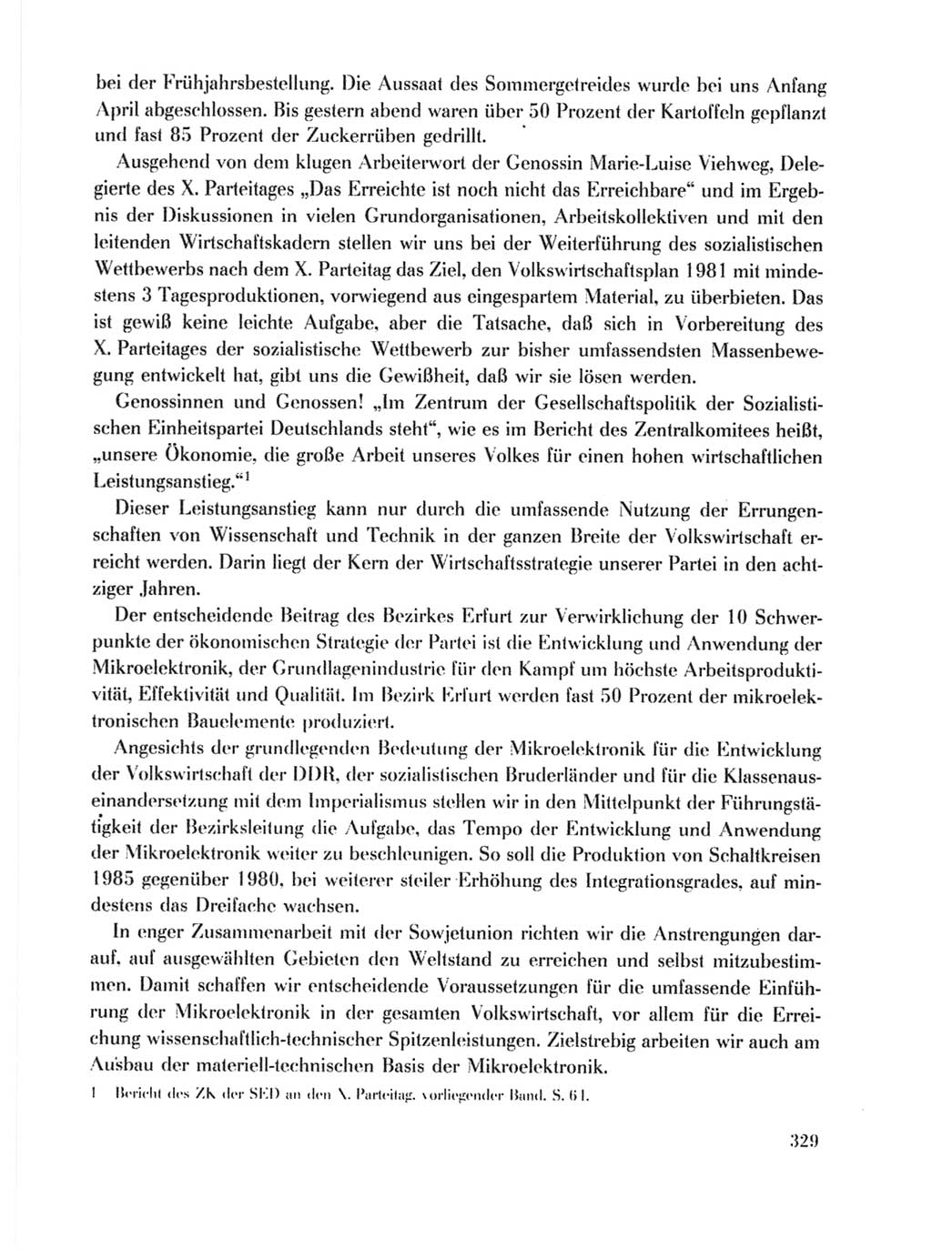 Protokoll der Verhandlungen des Ⅹ. Parteitages der Sozialistischen Einheitspartei Deutschlands (SED) [Deutsche Demokratische Republik (DDR)] 1981, Band 1, Seite 329 (Prot. Verh. Ⅹ. PT SED DDR 1981, Bd. 1, S. 329)