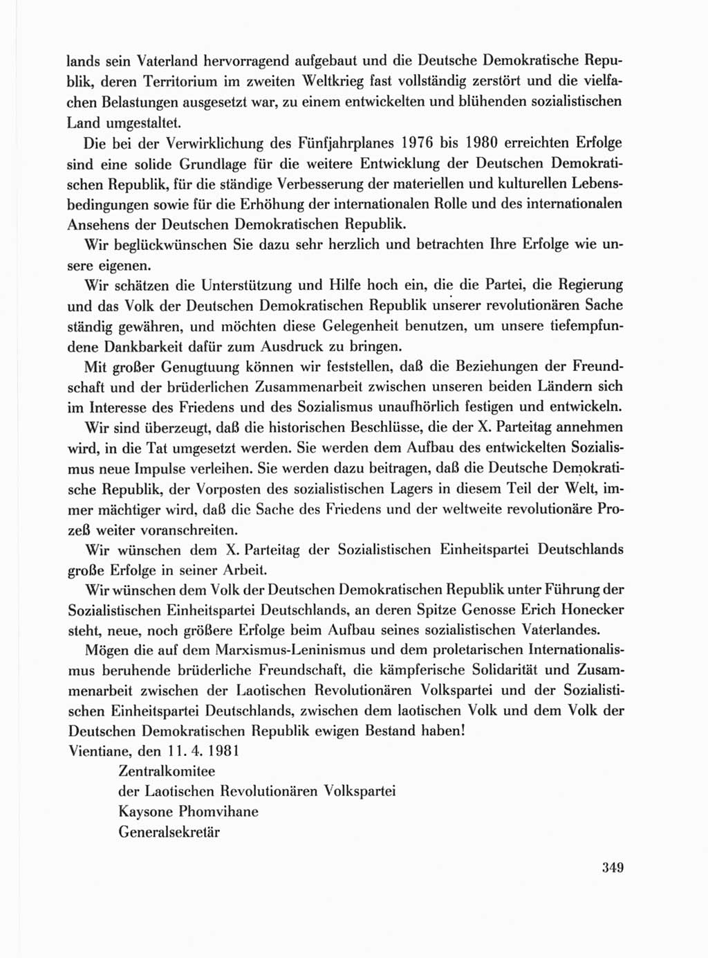 Protokoll der Verhandlungen des Ⅹ. Parteitages der Sozialistischen Einheitspartei Deutschlands (SED) [Deutsche Demokratische Republik (DDR)] 1981, Band 1, Seite 349 (Prot. Verh. Ⅹ. PT SED DDR 1981, Bd. 1, S. 349)