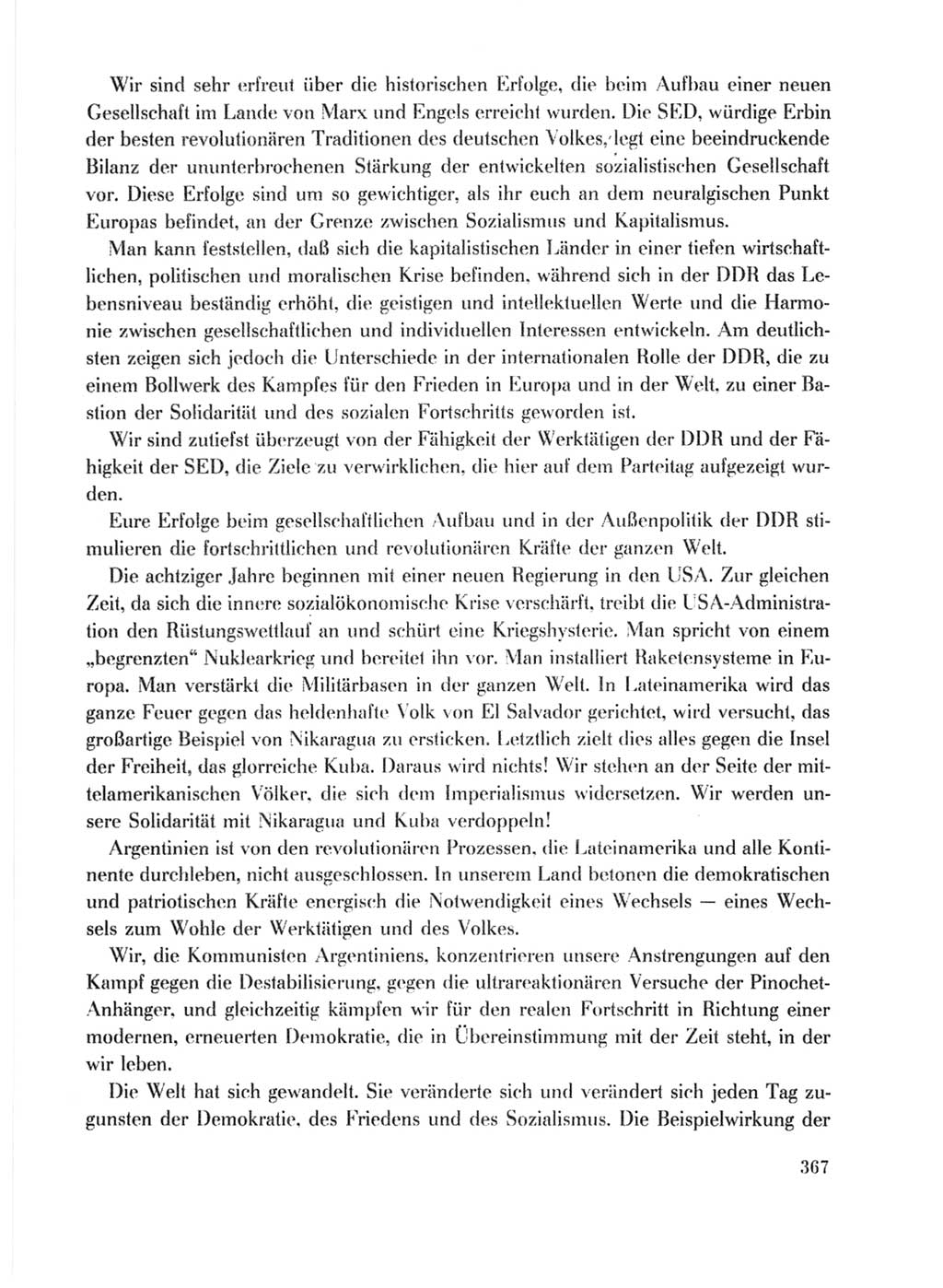 Protokoll der Verhandlungen des Ⅹ. Parteitages der Sozialistischen Einheitspartei Deutschlands (SED) [Deutsche Demokratische Republik (DDR)] 1981, Band 1, Seite 367 (Prot. Verh. Ⅹ. PT SED DDR 1981, Bd. 1, S. 367)