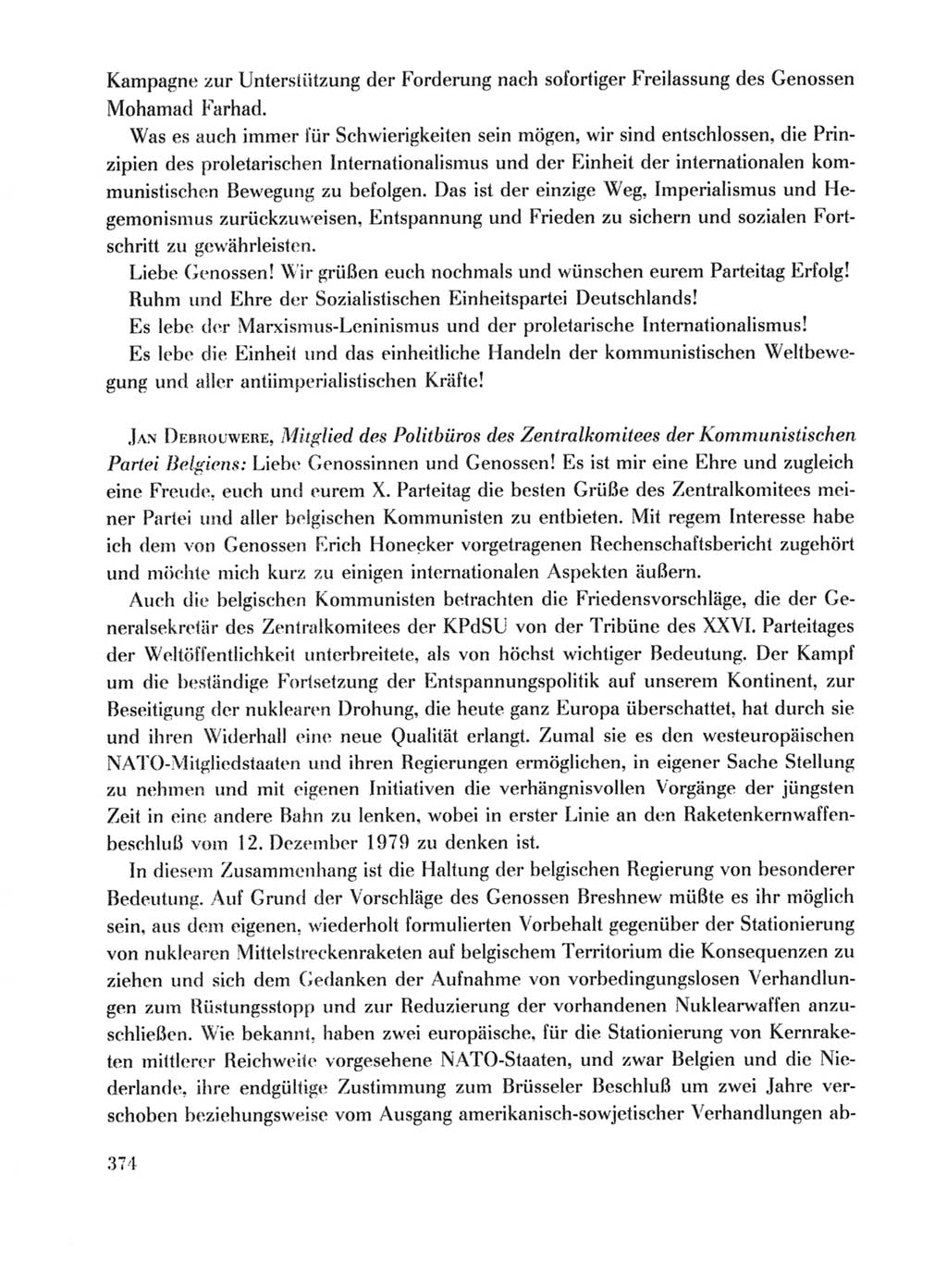 Protokoll der Verhandlungen des Ⅹ. Parteitages der Sozialistischen Einheitspartei Deutschlands (SED) [Deutsche Demokratische Republik (DDR)] 1981, Band 1, Seite 374 (Prot. Verh. Ⅹ. PT SED DDR 1981, Bd. 1, S. 374)