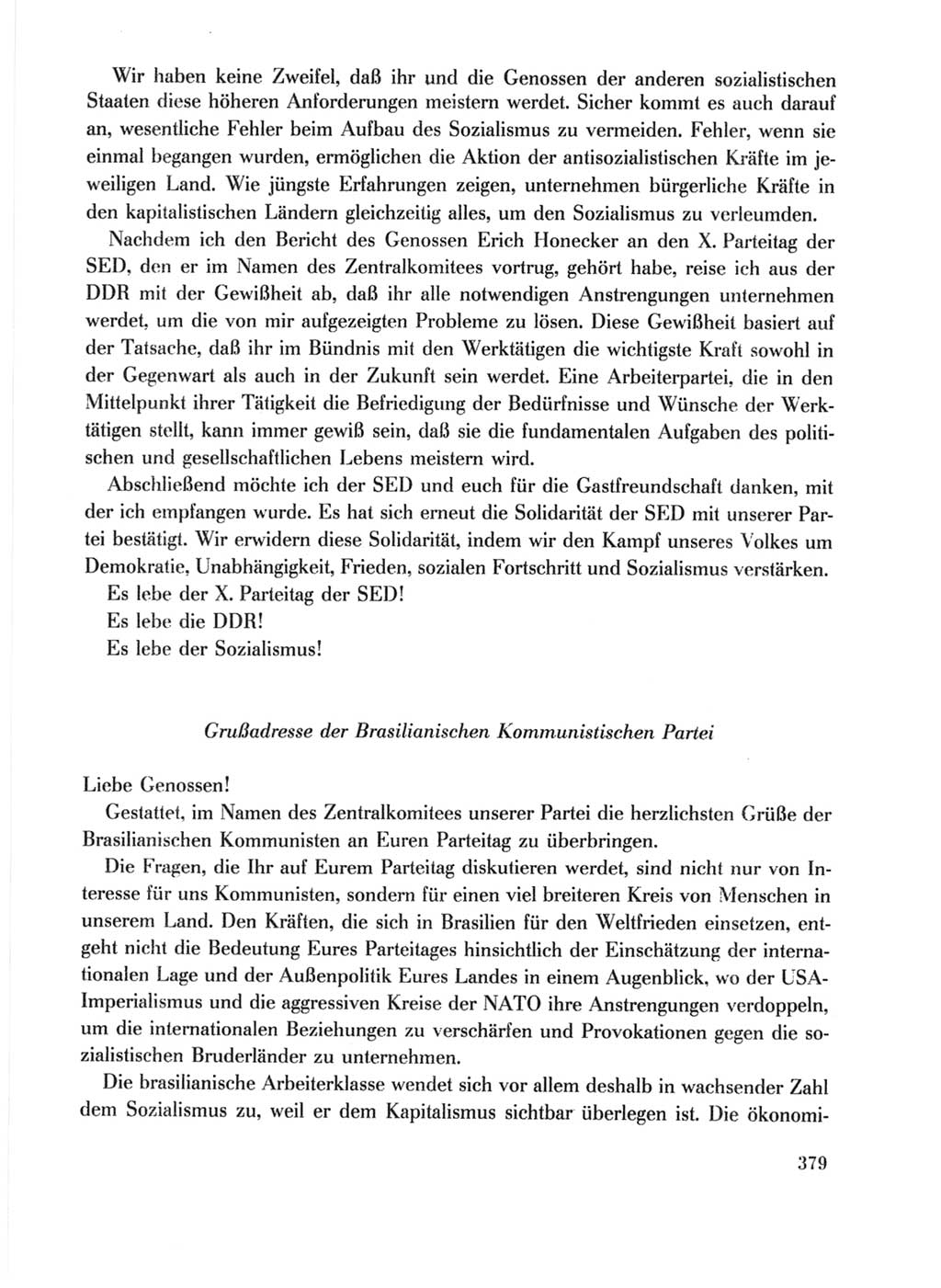 Protokoll der Verhandlungen des Ⅹ. Parteitages der Sozialistischen Einheitspartei Deutschlands (SED) [Deutsche Demokratische Republik (DDR)] 1981, Band 1, Seite 379 (Prot. Verh. Ⅹ. PT SED DDR 1981, Bd. 1, S. 379)