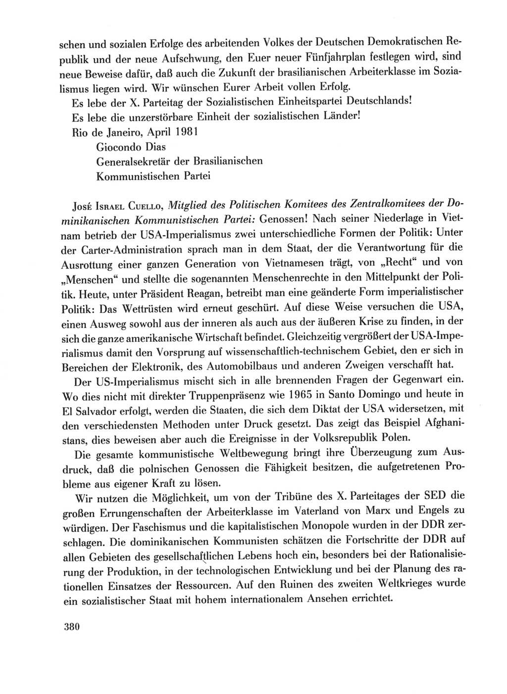 Protokoll der Verhandlungen des Ⅹ. Parteitages der Sozialistischen Einheitspartei Deutschlands (SED) [Deutsche Demokratische Republik (DDR)] 1981, Band 1, Seite 380 (Prot. Verh. Ⅹ. PT SED DDR 1981, Bd. 1, S. 380)