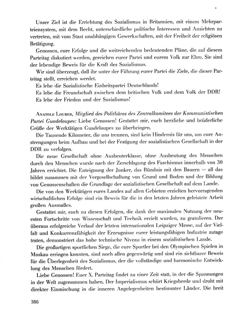 Protokoll der Verhandlungen des Ⅹ. Parteitages der Sozialistischen Einheitspartei Deutschlands (SED) [Deutsche Demokratische Republik (DDR)] 1981, Band 1, Seite 386 (Prot. Verh. Ⅹ. PT SED DDR 1981, Bd. 1, S. 386)