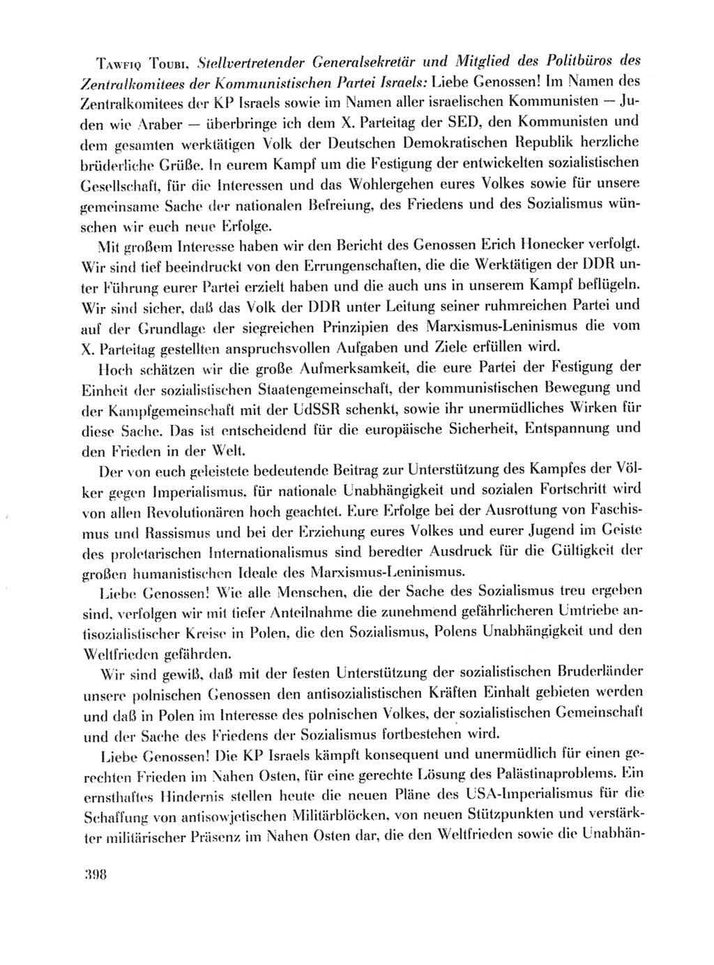 Protokoll der Verhandlungen des Ⅹ. Parteitages der Sozialistischen Einheitspartei Deutschlands (SED) [Deutsche Demokratische Republik (DDR)] 1981, Band 1, Seite 398 (Prot. Verh. Ⅹ. PT SED DDR 1981, Bd. 1, S. 398)