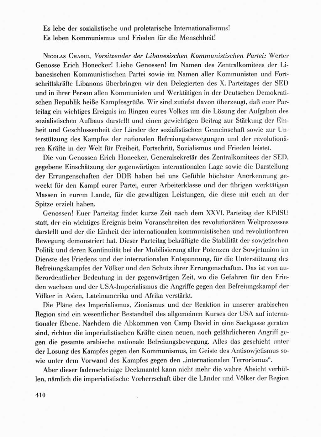 Protokoll der Verhandlungen des Ⅹ. Parteitages der Sozialistischen Einheitspartei Deutschlands (SED) [Deutsche Demokratische Republik (DDR)] 1981, Band 1, Seite 410 (Prot. Verh. Ⅹ. PT SED DDR 1981, Bd. 1, S. 410)