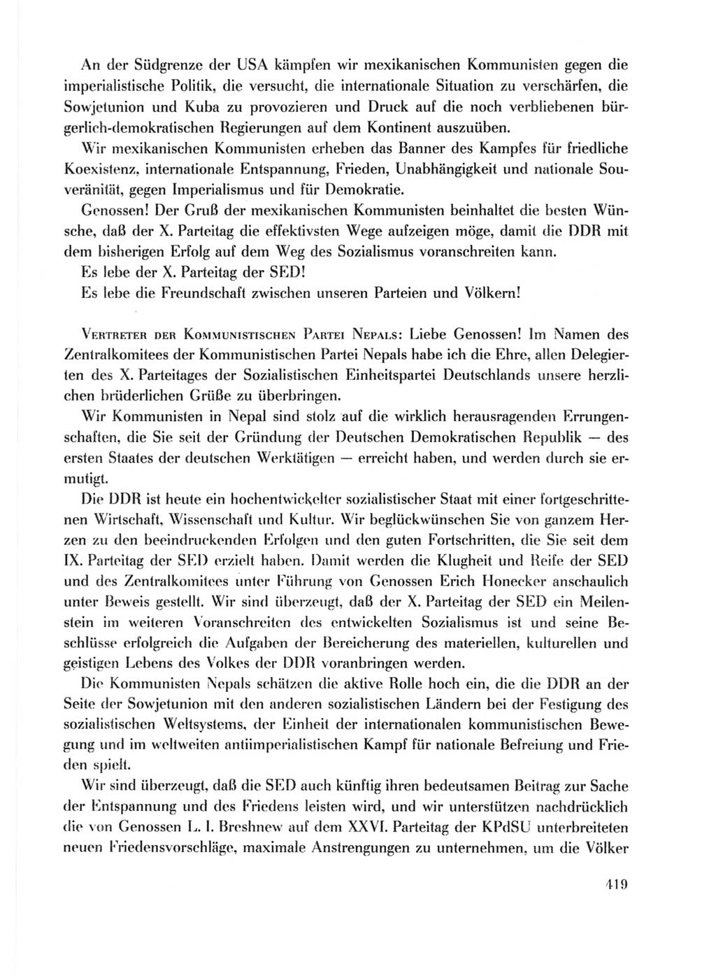 Protokoll der Verhandlungen des Ⅹ. Parteitages der Sozialistischen Einheitspartei Deutschlands (SED) [Deutsche Demokratische Republik (DDR)] 1981, Band 1, Seite 419 (Prot. Verh. Ⅹ. PT SED DDR 1981, Bd. 1, S. 419)