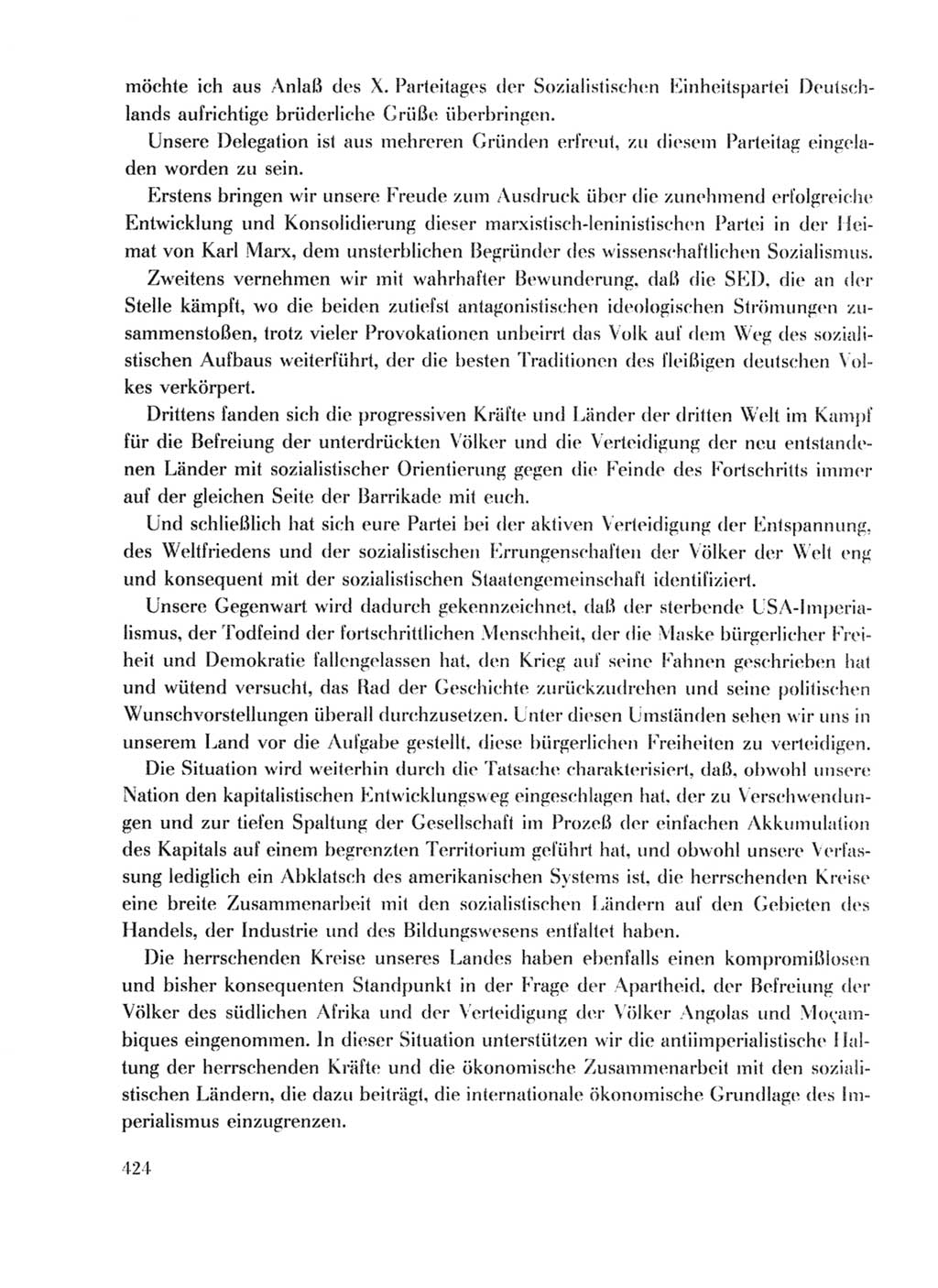 Protokoll der Verhandlungen des Ⅹ. Parteitages der Sozialistischen Einheitspartei Deutschlands (SED) [Deutsche Demokratische Republik (DDR)] 1981, Band 1, Seite 424 (Prot. Verh. Ⅹ. PT SED DDR 1981, Bd. 1, S. 424)