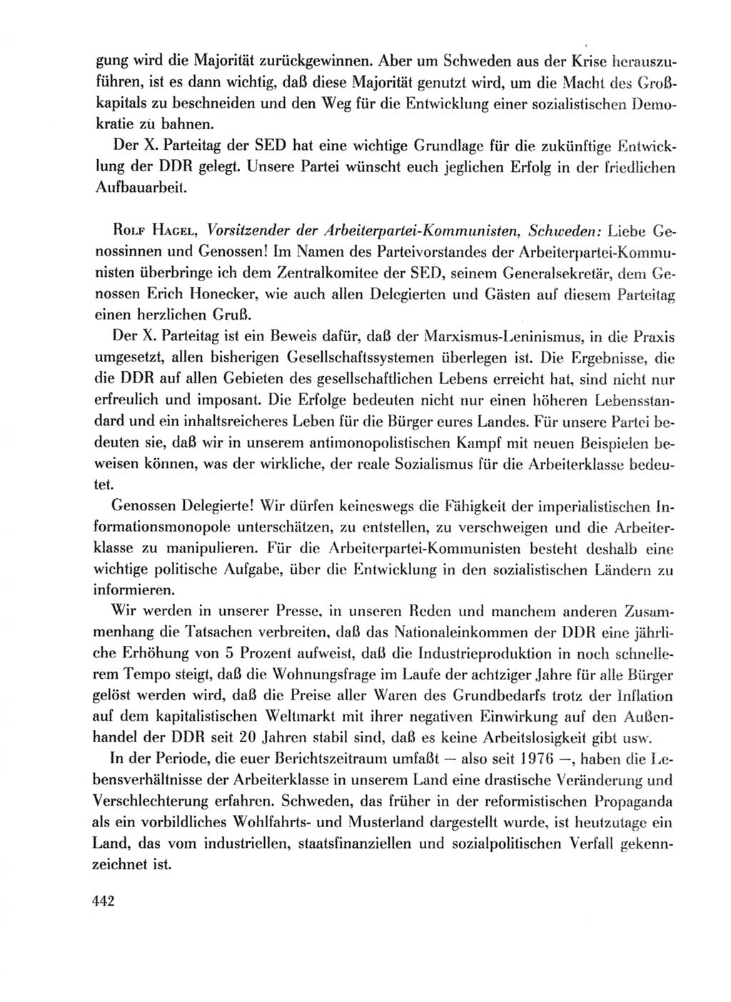 Protokoll der Verhandlungen des Ⅹ. Parteitages der Sozialistischen Einheitspartei Deutschlands (SED) [Deutsche Demokratische Republik (DDR)] 1981, Band 1, Seite 442 (Prot. Verh. Ⅹ. PT SED DDR 1981, Bd. 1, S. 442)