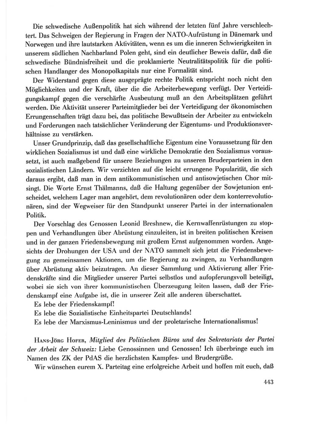 Protokoll der Verhandlungen des Ⅹ. Parteitages der Sozialistischen Einheitspartei Deutschlands (SED) [Deutsche Demokratische Republik (DDR)] 1981, Band 1, Seite 443 (Prot. Verh. Ⅹ. PT SED DDR 1981, Bd. 1, S. 443)