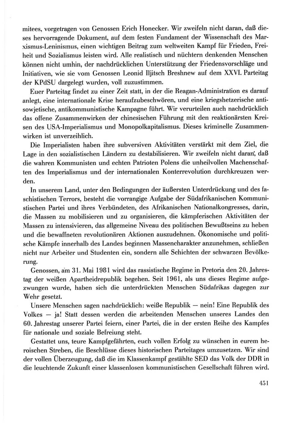 Protokoll der Verhandlungen des Ⅹ. Parteitages der Sozialistischen Einheitspartei Deutschlands (SED) [Deutsche Demokratische Republik (DDR)] 1981, Band 1, Seite 451 (Prot. Verh. Ⅹ. PT SED DDR 1981, Bd. 1, S. 451)
