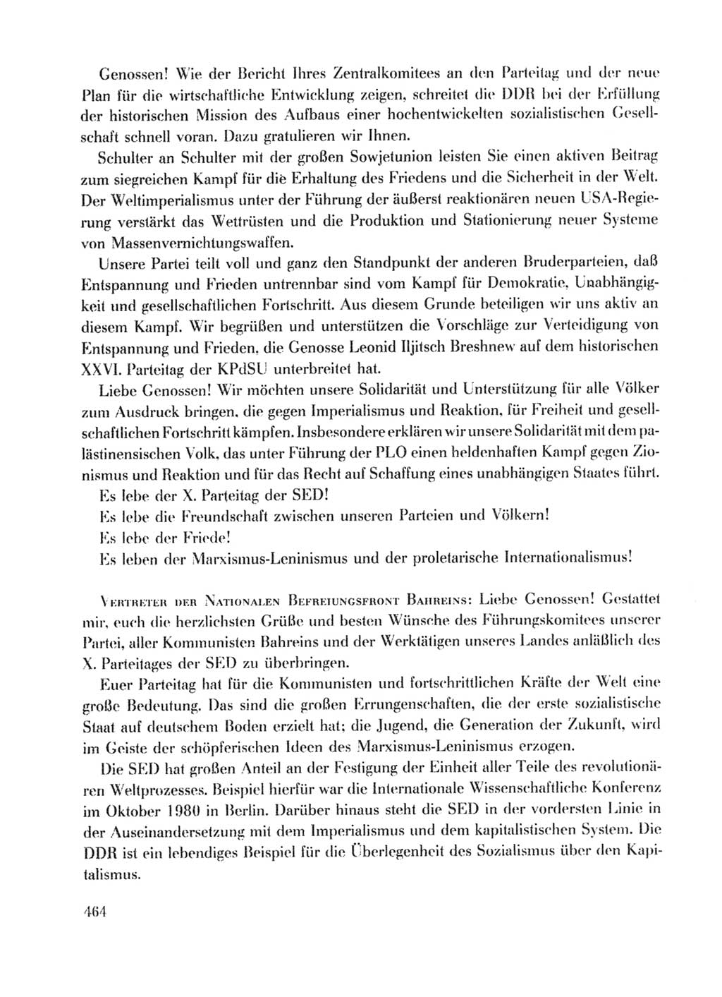 Protokoll der Verhandlungen des Ⅹ. Parteitages der Sozialistischen Einheitspartei Deutschlands (SED) [Deutsche Demokratische Republik (DDR)] 1981, Band 1, Seite 464 (Prot. Verh. Ⅹ. PT SED DDR 1981, Bd. 1, S. 464)