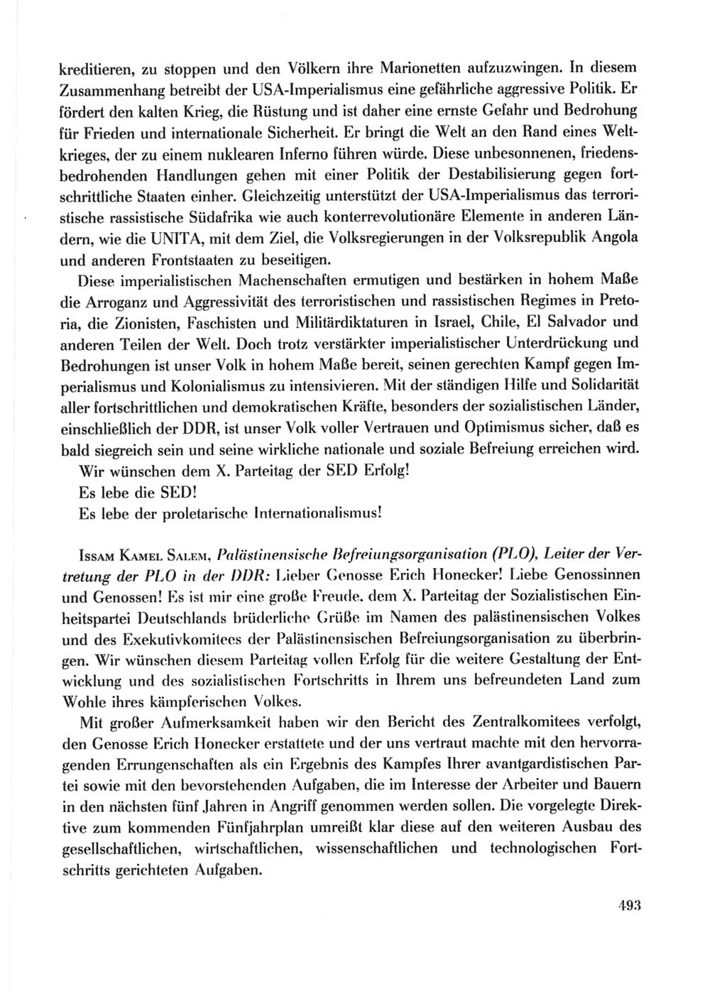 Protokoll der Verhandlungen des Ⅹ. Parteitages der Sozialistischen Einheitspartei Deutschlands (SED) [Deutsche Demokratische Republik (DDR)] 1981, Band 1, Seite 493 (Prot. Verh. Ⅹ. PT SED DDR 1981, Bd. 1, S. 493)