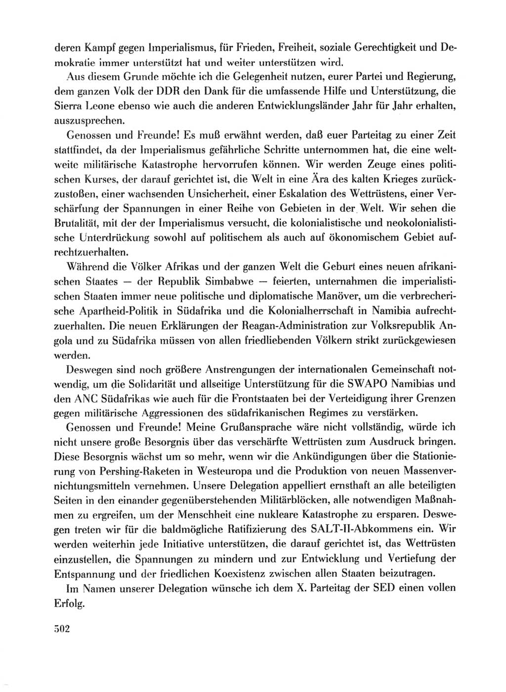 Protokoll der Verhandlungen des Ⅹ. Parteitages der Sozialistischen Einheitspartei Deutschlands (SED) [Deutsche Demokratische Republik (DDR)] 1981, Band 1, Seite 502 (Prot. Verh. Ⅹ. PT SED DDR 1981, Bd. 1, S. 502)