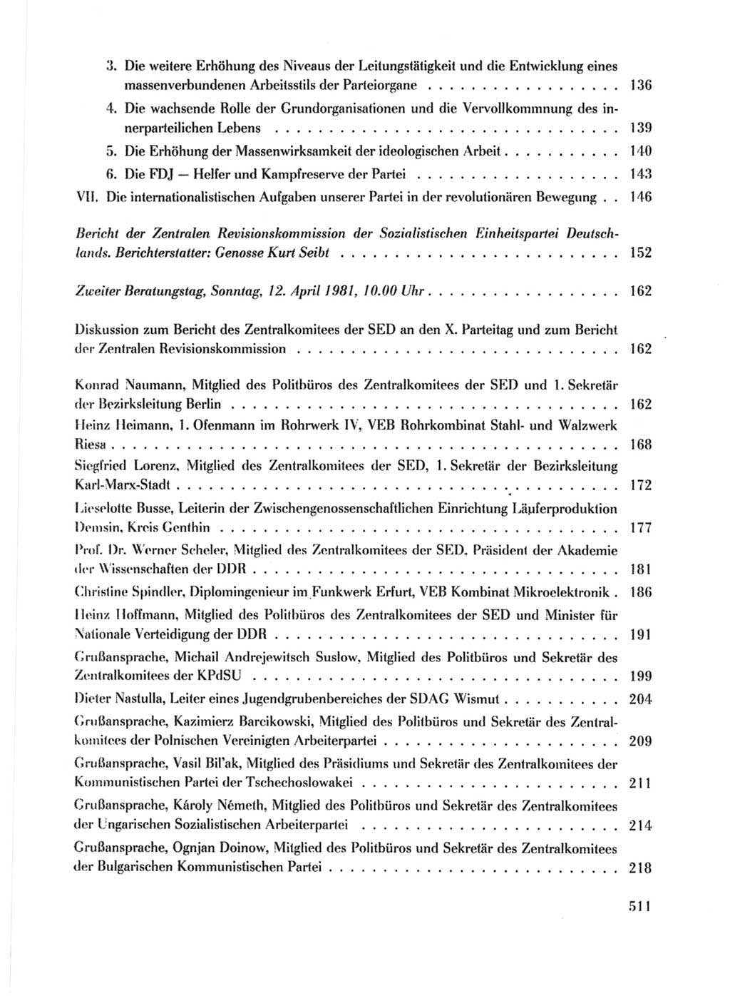 Protokoll der Verhandlungen des Ⅹ. Parteitages der Sozialistischen Einheitspartei Deutschlands (SED) [Deutsche Demokratische Republik (DDR)] 1981, Band 1, Seite 511 (Prot. Verh. Ⅹ. PT SED DDR 1981, Bd. 1, S. 511)