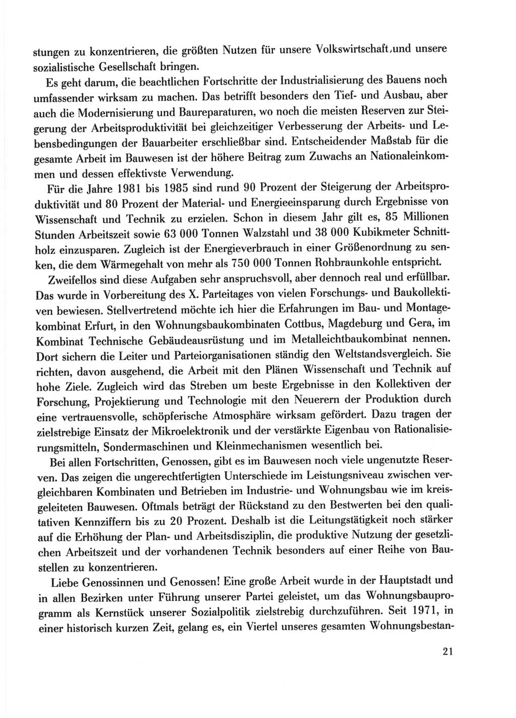 Protokoll der Verhandlungen des Ⅹ. Parteitages der Sozialistischen Einheitspartei Deutschlands (SED) [Deutsche Demokratische Republik (DDR)] 1981, Band 2, Seite 21 (Prot. Verh. Ⅹ. PT SED DDR 1981, Bd. 2, S. 21)