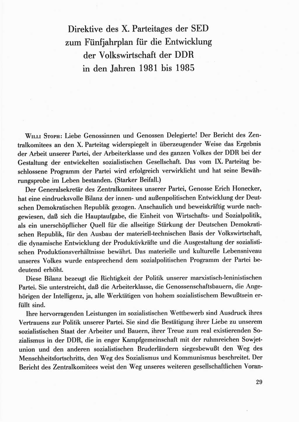 Protokoll der Verhandlungen des Ⅹ. Parteitages der Sozialistischen Einheitspartei Deutschlands (SED) [Deutsche Demokratische Republik (DDR)] 1981, Band 2, Seite 29 (Prot. Verh. Ⅹ. PT SED DDR 1981, Bd. 2, S. 29)