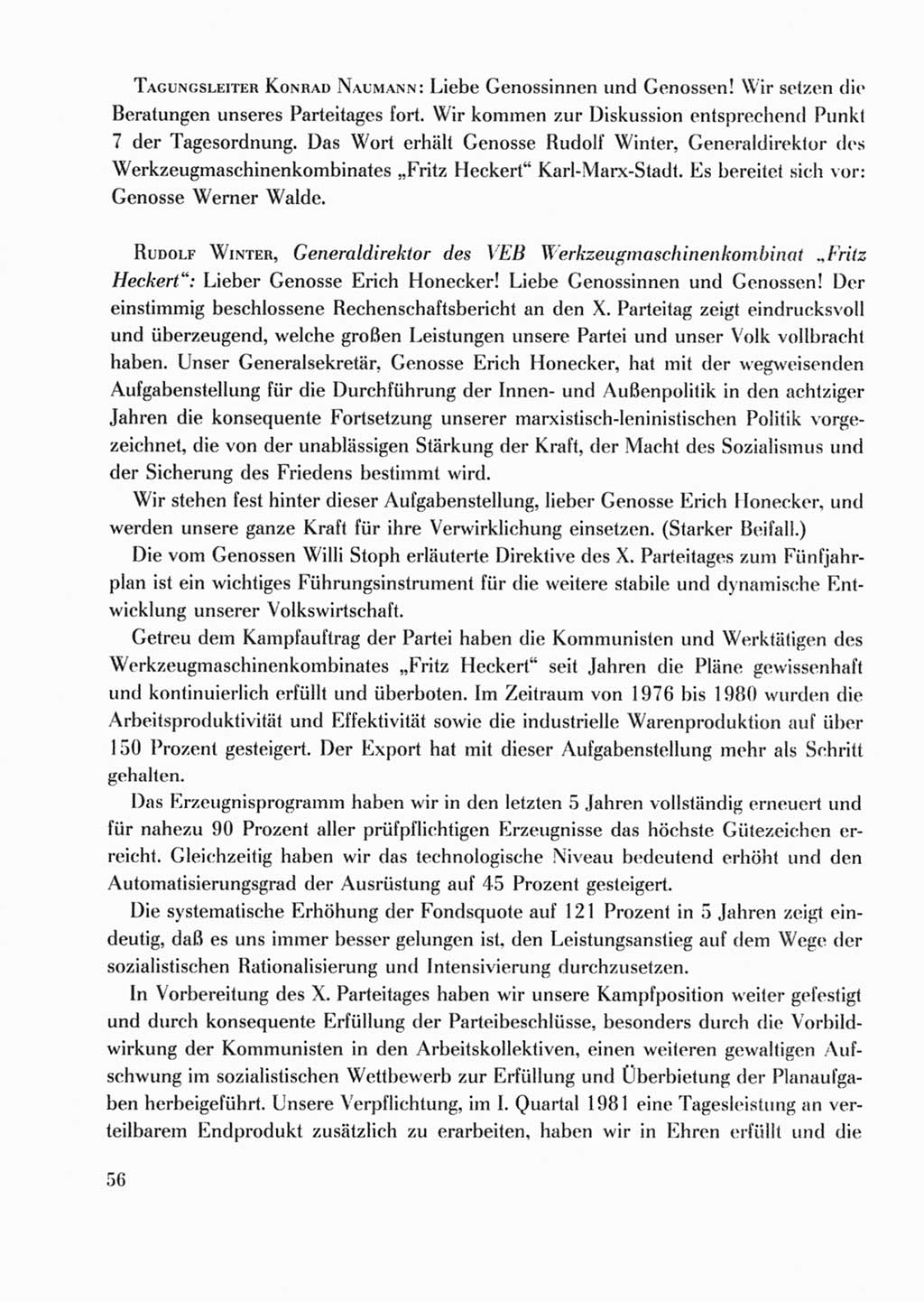 Protokoll der Verhandlungen des Ⅹ. Parteitages der Sozialistischen Einheitspartei Deutschlands (SED) [Deutsche Demokratische Republik (DDR)] 1981, Band 2, Seite 56 (Prot. Verh. Ⅹ. PT SED DDR 1981, Bd. 2, S. 56)