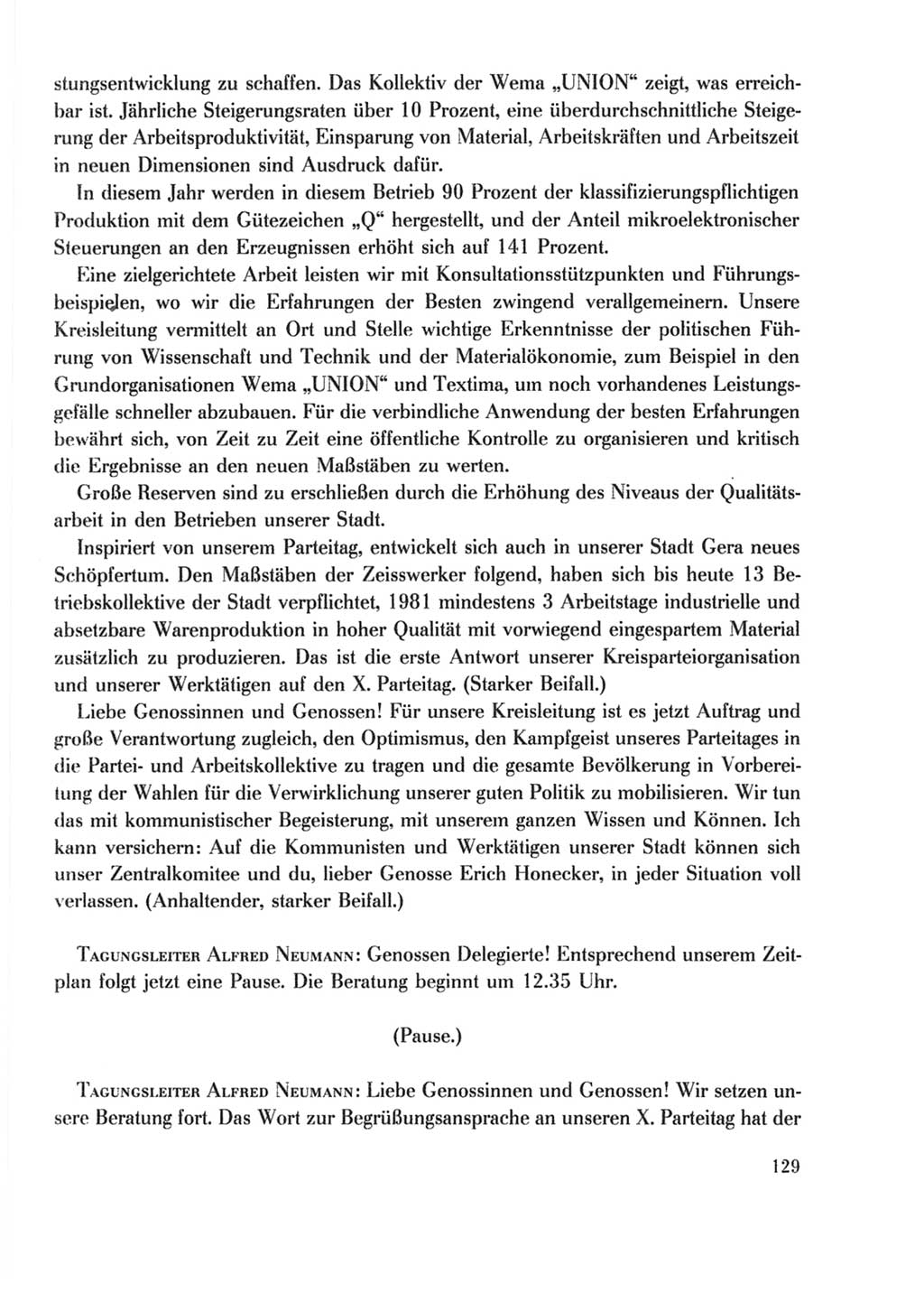 Protokoll der Verhandlungen des Ⅹ. Parteitages der Sozialistischen Einheitspartei Deutschlands (SED) [Deutsche Demokratische Republik (DDR)] 1981, Band 2, Seite 129 (Prot. Verh. Ⅹ. PT SED DDR 1981, Bd. 2, S. 129)