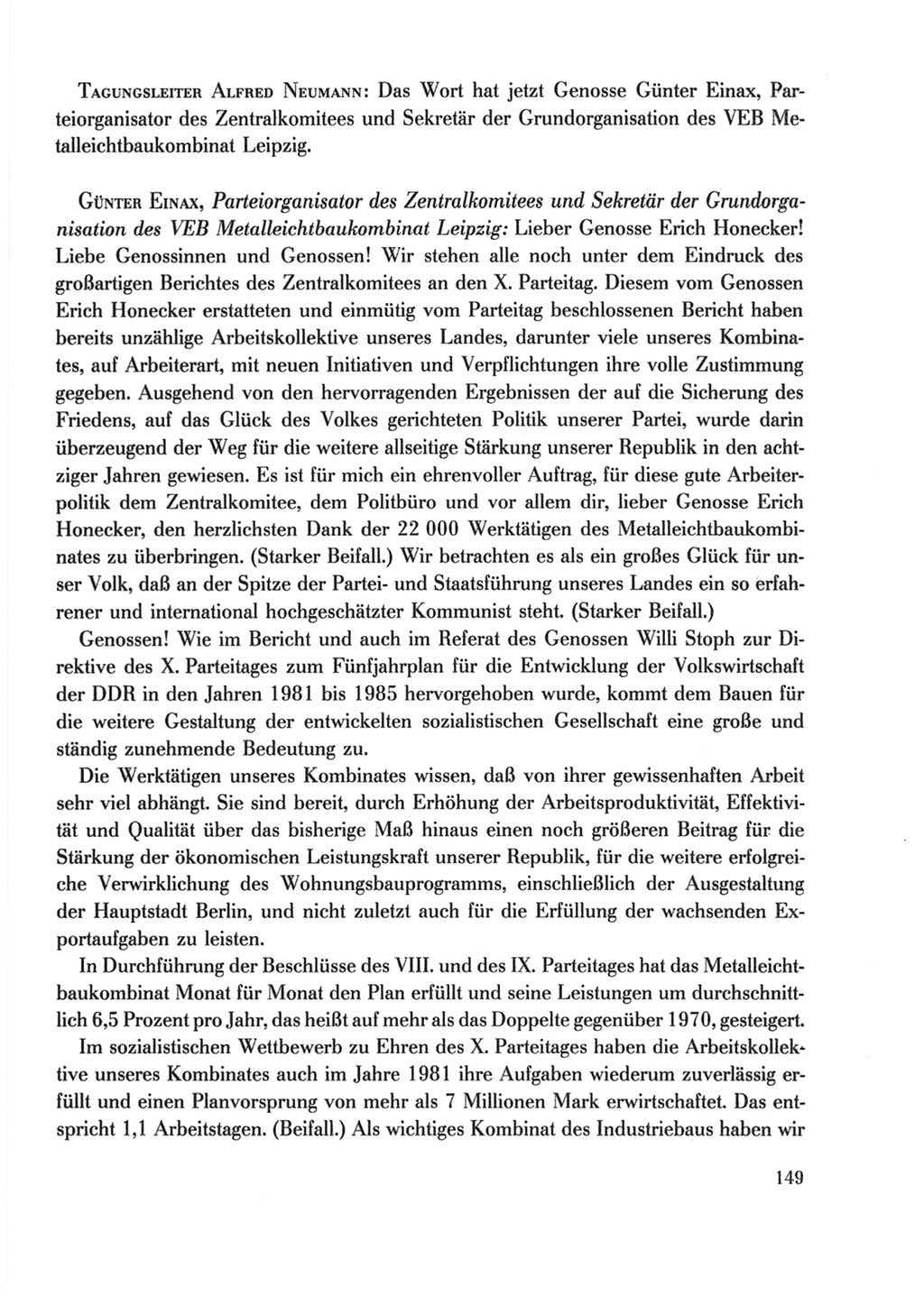 Protokoll der Verhandlungen des Ⅹ. Parteitages der Sozialistischen Einheitspartei Deutschlands (SED) [Deutsche Demokratische Republik (DDR)] 1981, Band 2, Seite 149 (Prot. Verh. Ⅹ. PT SED DDR 1981, Bd. 2, S. 149)
