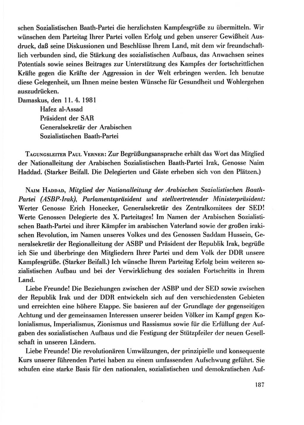 Protokoll der Verhandlungen des Ⅹ. Parteitages der Sozialistischen Einheitspartei Deutschlands (SED) [Deutsche Demokratische Republik (DDR)] 1981, Band 2, Seite 187 (Prot. Verh. Ⅹ. PT SED DDR 1981, Bd. 2, S. 187)