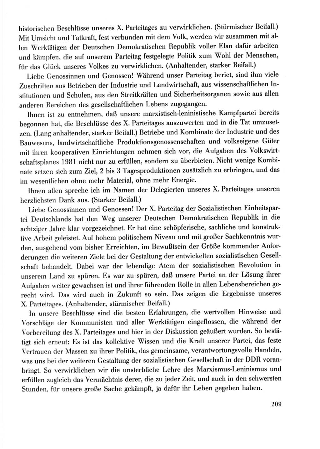 Protokoll der Verhandlungen des Ⅹ. Parteitages der Sozialistischen Einheitspartei Deutschlands (SED) [Deutsche Demokratische Republik (DDR)] 1981, Band 2, Seite 209 (Prot. Verh. Ⅹ. PT SED DDR 1981, Bd. 2, S. 209)