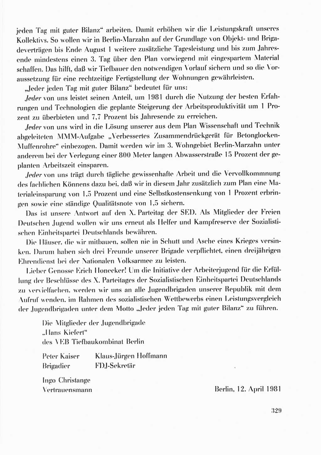 Protokoll der Verhandlungen des Ⅹ. Parteitages der Sozialistischen Einheitspartei Deutschlands (SED) [Deutsche Demokratische Republik (DDR)] 1981, Band 2, Seite 329 (Prot. Verh. Ⅹ. PT SED DDR 1981, Bd. 2, S. 329)