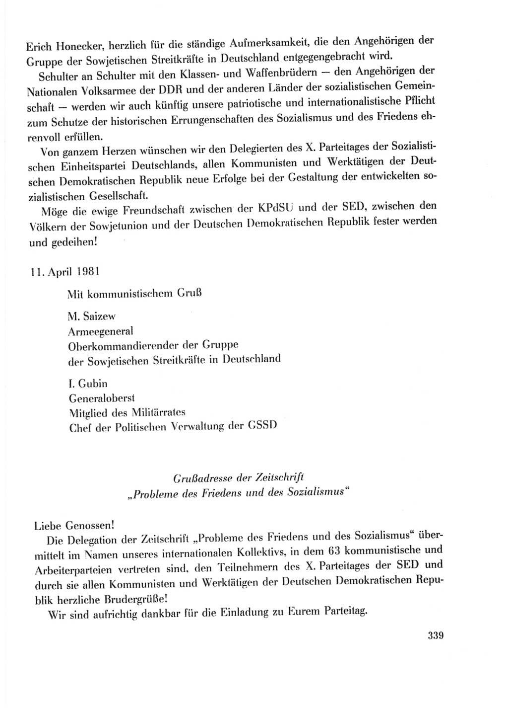 Protokoll der Verhandlungen des Ⅹ. Parteitages der Sozialistischen Einheitspartei Deutschlands (SED) [Deutsche Demokratische Republik (DDR)] 1981, Band 2, Seite 339 (Prot. Verh. Ⅹ. PT SED DDR 1981, Bd. 2, S. 339)