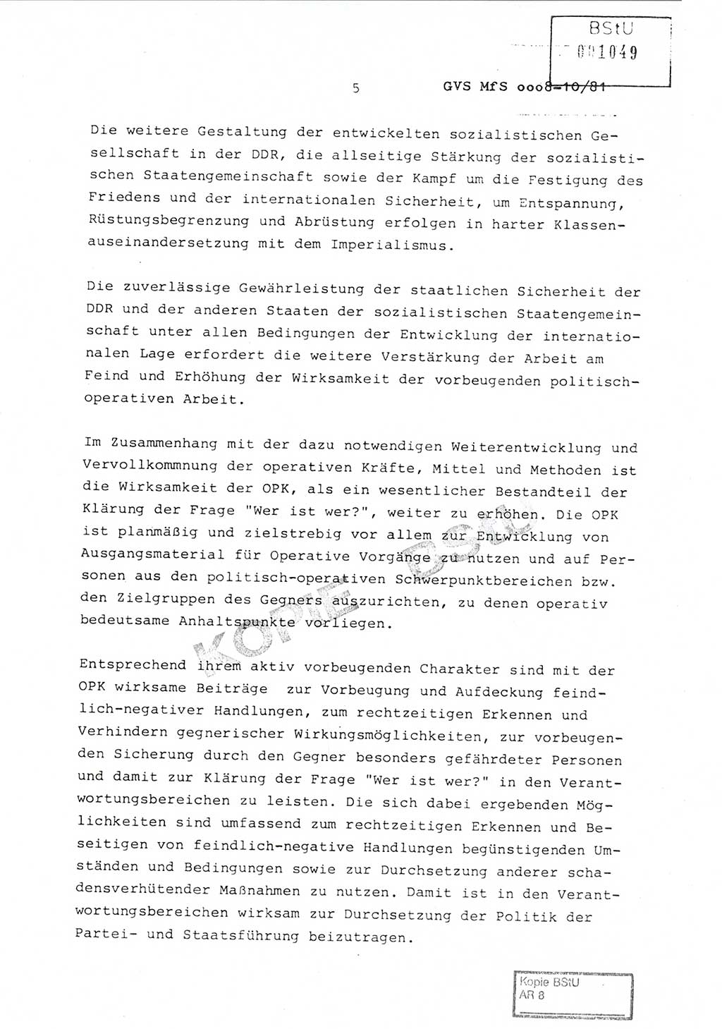Richtlinie Nr. 1/81 über die operative Personenkontrolle (OPK), Ministerium für Staatssicherheit (MfS) [Deutsche Demokratische Republik (DDR)], Der Minister, Geheime Verschlußsache (GVS) ooo8-10/81, Berlin 1981, Blatt 5 (RL 1/81 OPK DDR MfS Min. GVS ooo8-10/81 1981, Bl. 5)