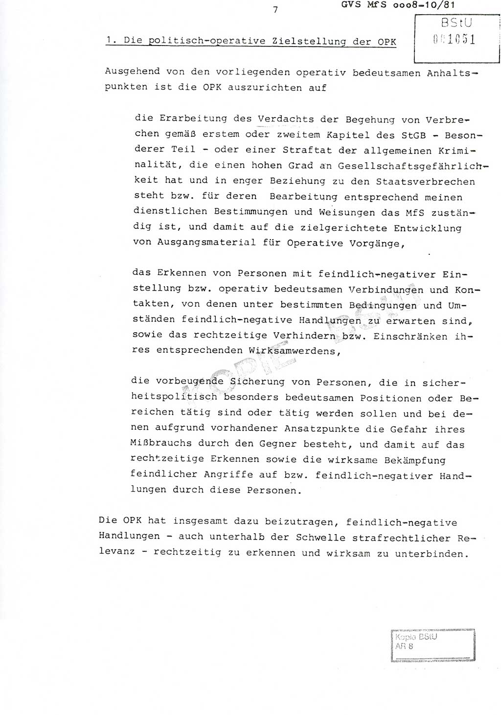 Richtlinie Nr. 1/81 über die operative Personenkontrolle (OPK), Ministerium für Staatssicherheit (MfS) [Deutsche Demokratische Republik (DDR)], Der Minister, Geheime Verschlußsache (GVS) ooo8-10/81, Berlin 1981, Blatt 7 (RL 1/81 OPK DDR MfS Min. GVS ooo8-10/81 1981, Bl. 7)