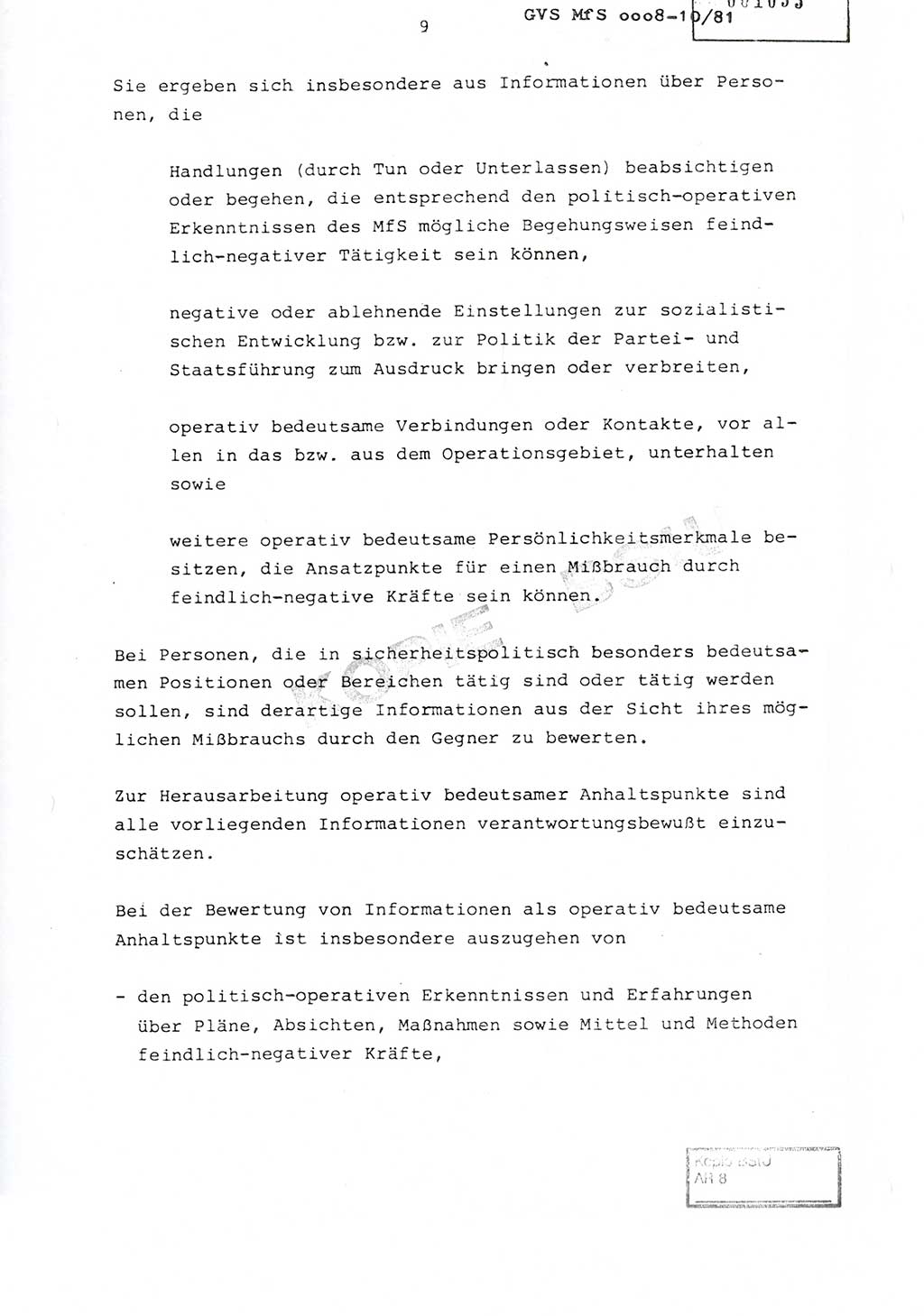 Richtlinie Nr. 1/81 über die operative Personenkontrolle (OPK), Ministerium für Staatssicherheit (MfS) [Deutsche Demokratische Republik (DDR)], Der Minister, Geheime Verschlußsache (GVS) ooo8-10/81, Berlin 1981, Blatt 9 (RL 1/81 OPK DDR MfS Min. GVS ooo8-10/81 1981, Bl. 9)