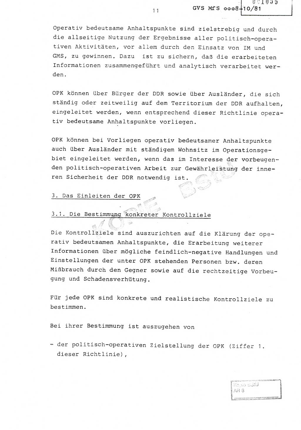 Richtlinie Nr. 1/81 über die operative Personenkontrolle (OPK), Ministerium für Staatssicherheit (MfS) [Deutsche Demokratische Republik (DDR)], Der Minister, Geheime Verschlußsache (GVS) ooo8-10/81, Berlin 1981, Blatt 11 (RL 1/81 OPK DDR MfS Min. GVS ooo8-10/81 1981, Bl. 11)