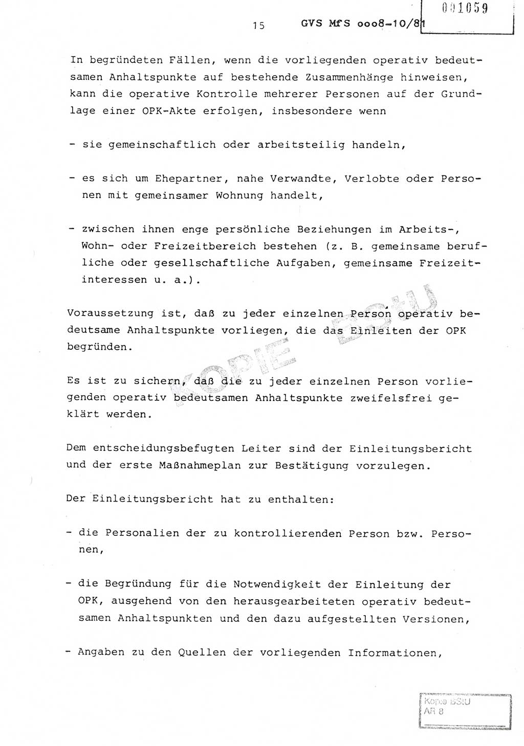 Richtlinie Nr. 1/81 über die operative Personenkontrolle (OPK), Ministerium für Staatssicherheit (MfS) [Deutsche Demokratische Republik (DDR)], Der Minister, Geheime Verschlußsache (GVS) ooo8-10/81, Berlin 1981, Blatt 15 (RL 1/81 OPK DDR MfS Min. GVS ooo8-10/81 1981, Bl. 15)