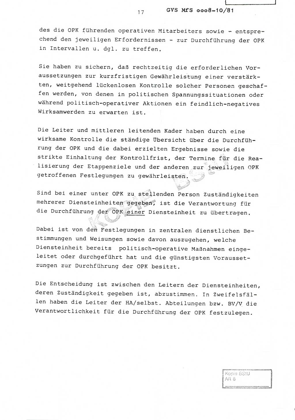 Richtlinie Nr. 1/81 über die operative Personenkontrolle (OPK), Ministerium für Staatssicherheit (MfS) [Deutsche Demokratische Republik (DDR)], Der Minister, Geheime Verschlußsache (GVS) ooo8-10/81, Berlin 1981, Blatt 17 (RL 1/81 OPK DDR MfS Min. GVS ooo8-10/81 1981, Bl. 17)
