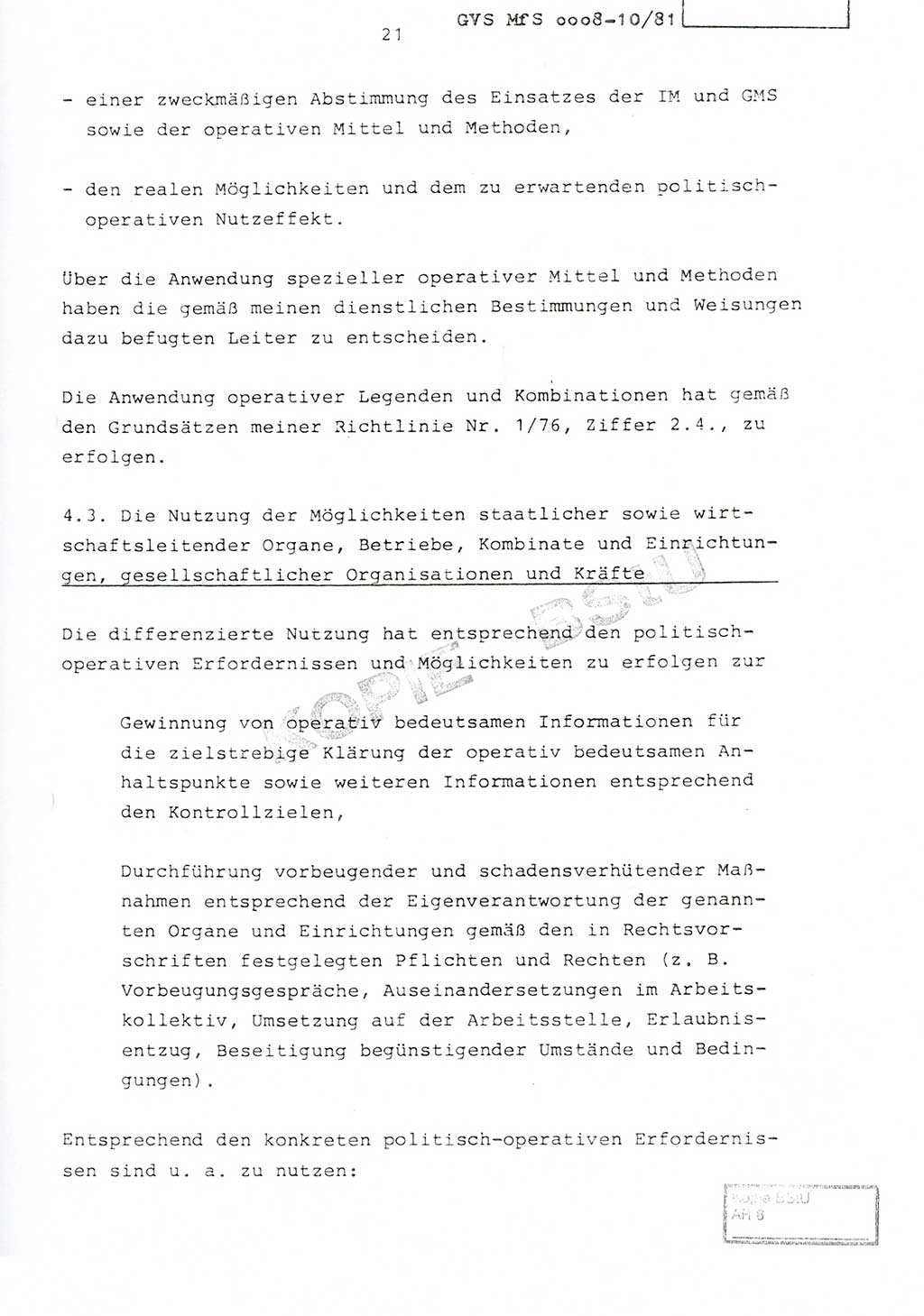 Richtlinie Nr. 1/81 über die operative Personenkontrolle (OPK), Ministerium für Staatssicherheit (MfS) [Deutsche Demokratische Republik (DDR)], Der Minister, Geheime Verschlußsache (GVS) ooo8-10/81, Berlin 1981, Blatt 21 (RL 1/81 OPK DDR MfS Min. GVS ooo8-10/81 1981, Bl. 21)