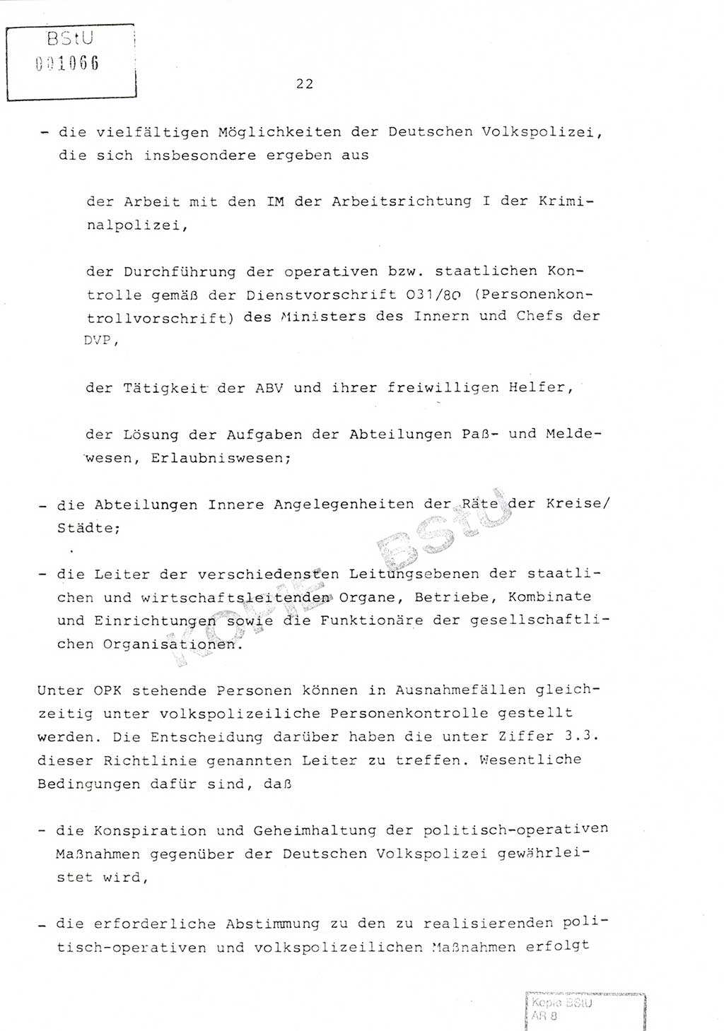 Richtlinie Nr. 1/81 über die operative Personenkontrolle (OPK), Ministerium für Staatssicherheit (MfS) [Deutsche Demokratische Republik (DDR)], Der Minister, Geheime Verschlußsache (GVS) ooo8-10/81, Berlin 1981, Blatt 22 (RL 1/81 OPK DDR MfS Min. GVS ooo8-10/81 1981, Bl. 22)