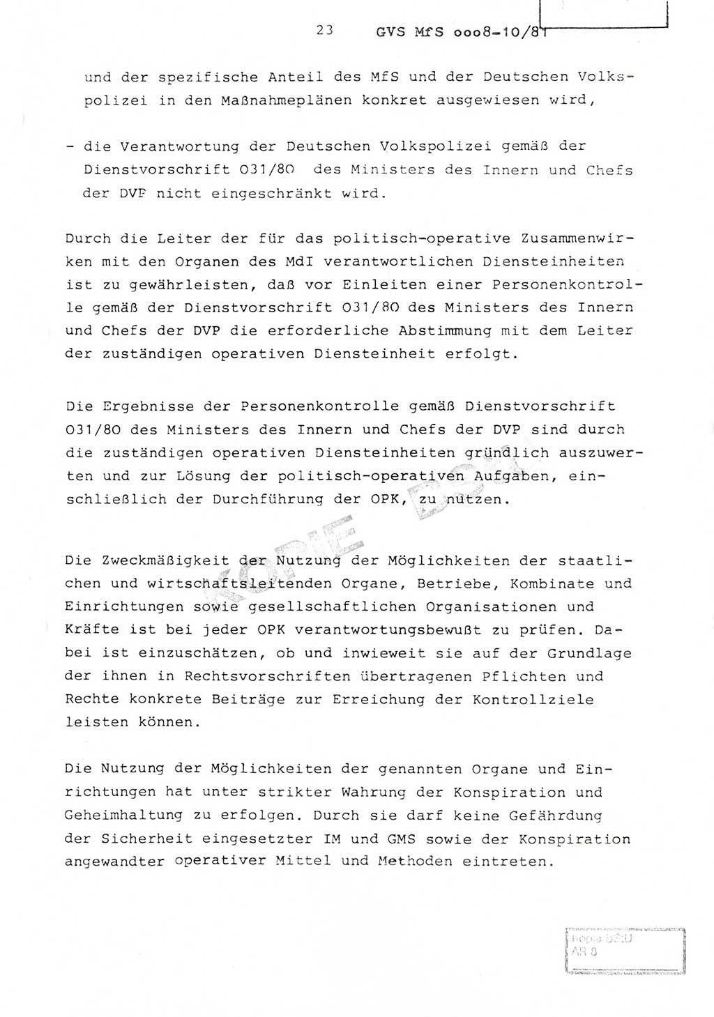 Richtlinie Nr. 1/81 über die operative Personenkontrolle (OPK), Ministerium für Staatssicherheit (MfS) [Deutsche Demokratische Republik (DDR)], Der Minister, Geheime Verschlußsache (GVS) ooo8-10/81, Berlin 1981, Blatt 23 (RL 1/81 OPK DDR MfS Min. GVS ooo8-10/81 1981, Bl. 23)