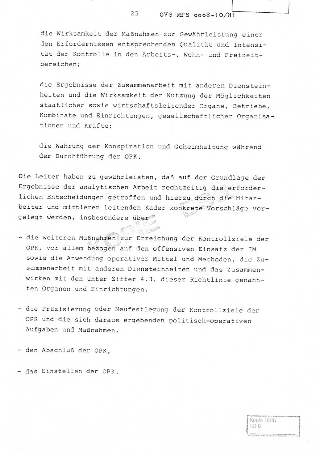 Richtlinie Nr. 1/81 über die operative Personenkontrolle (OPK), Ministerium für Staatssicherheit (MfS) [Deutsche Demokratische Republik (DDR)], Der Minister, Geheime Verschlußsache (GVS) ooo8-10/81, Berlin 1981, Blatt 25 (RL 1/81 OPK DDR MfS Min. GVS ooo8-10/81 1981, Bl. 25)