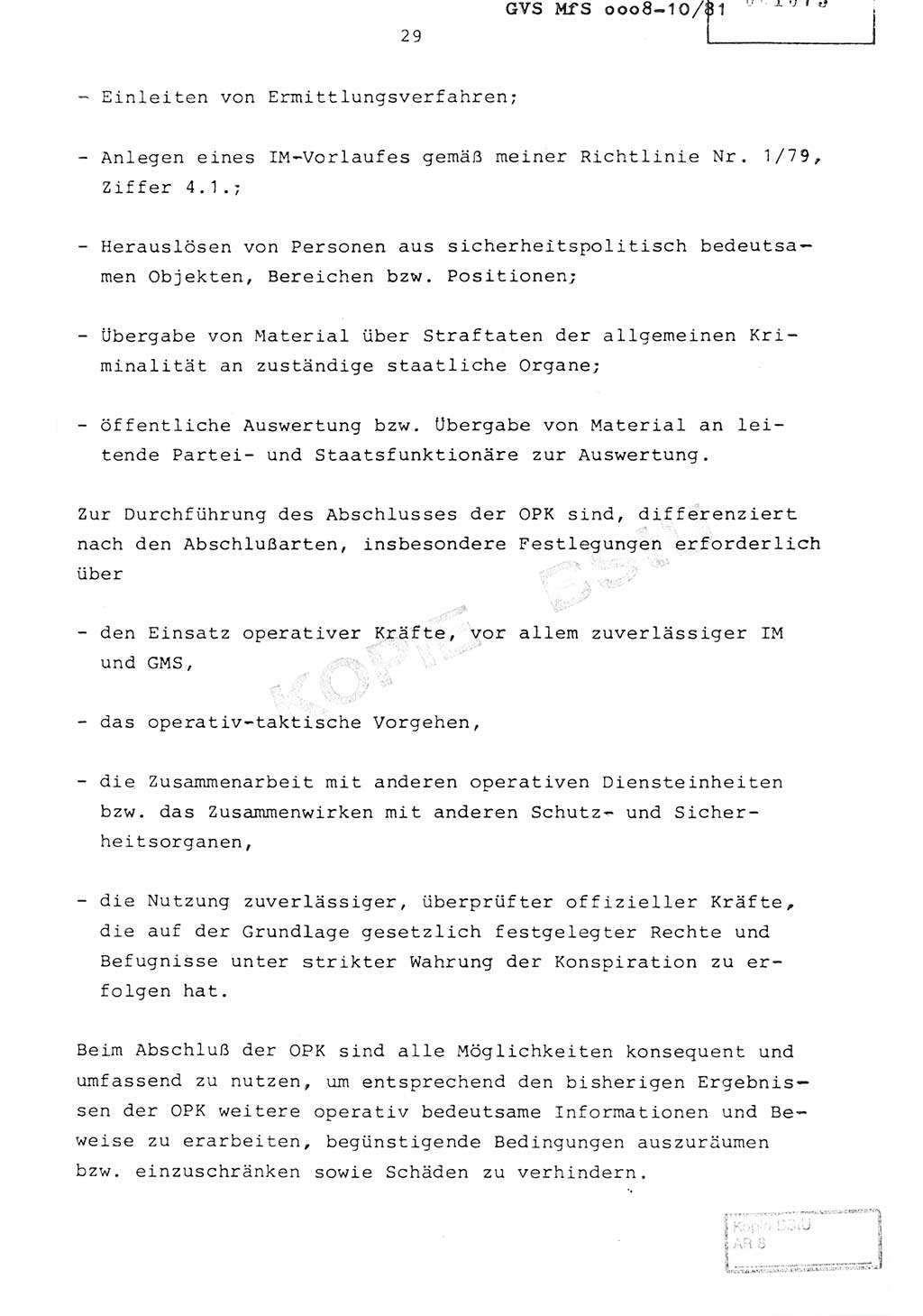 Richtlinie Nr. 1/81 über die operative Personenkontrolle (OPK), Ministerium für Staatssicherheit (MfS) [Deutsche Demokratische Republik (DDR)], Der Minister, Geheime Verschlußsache (GVS) ooo8-10/81, Berlin 1981, Blatt 29 (RL 1/81 OPK DDR MfS Min. GVS ooo8-10/81 1981, Bl. 29)