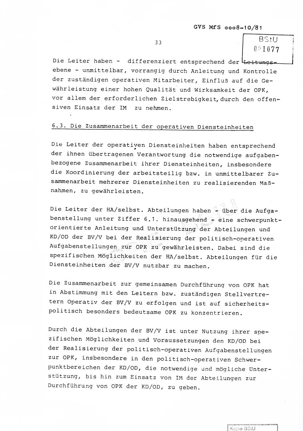 Richtlinie Nr. 1/81 über die operative Personenkontrolle (OPK), Ministerium für Staatssicherheit (MfS) [Deutsche Demokratische Republik (DDR)], Der Minister, Geheime Verschlußsache (GVS) ooo8-10/81, Berlin 1981, Blatt 33 (RL 1/81 OPK DDR MfS Min. GVS ooo8-10/81 1981, Bl. 33)