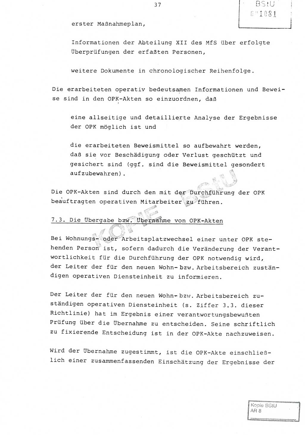 Richtlinie Nr. 1/81 über die operative Personenkontrolle (OPK), Ministerium für Staatssicherheit (MfS) [Deutsche Demokratische Republik (DDR)], Der Minister, Geheime Verschlußsache (GVS) ooo8-10/81, Berlin 1981, Blatt 37 (RL 1/81 OPK DDR MfS Min. GVS ooo8-10/81 1981, Bl. 37)
