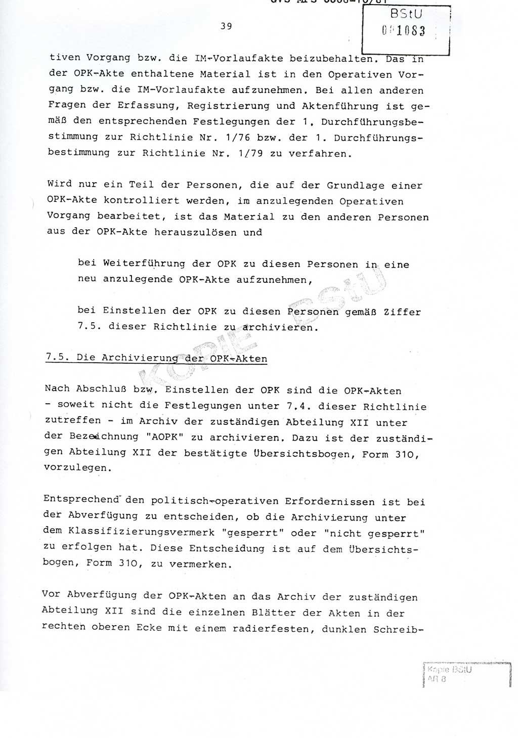 Richtlinie Nr. 1/81 über die operative Personenkontrolle (OPK), Ministerium für Staatssicherheit (MfS) [Deutsche Demokratische Republik (DDR)], Der Minister, Geheime Verschlußsache (GVS) ooo8-10/81, Berlin 1981, Blatt 39 (RL 1/81 OPK DDR MfS Min. GVS ooo8-10/81 1981, Bl. 39)